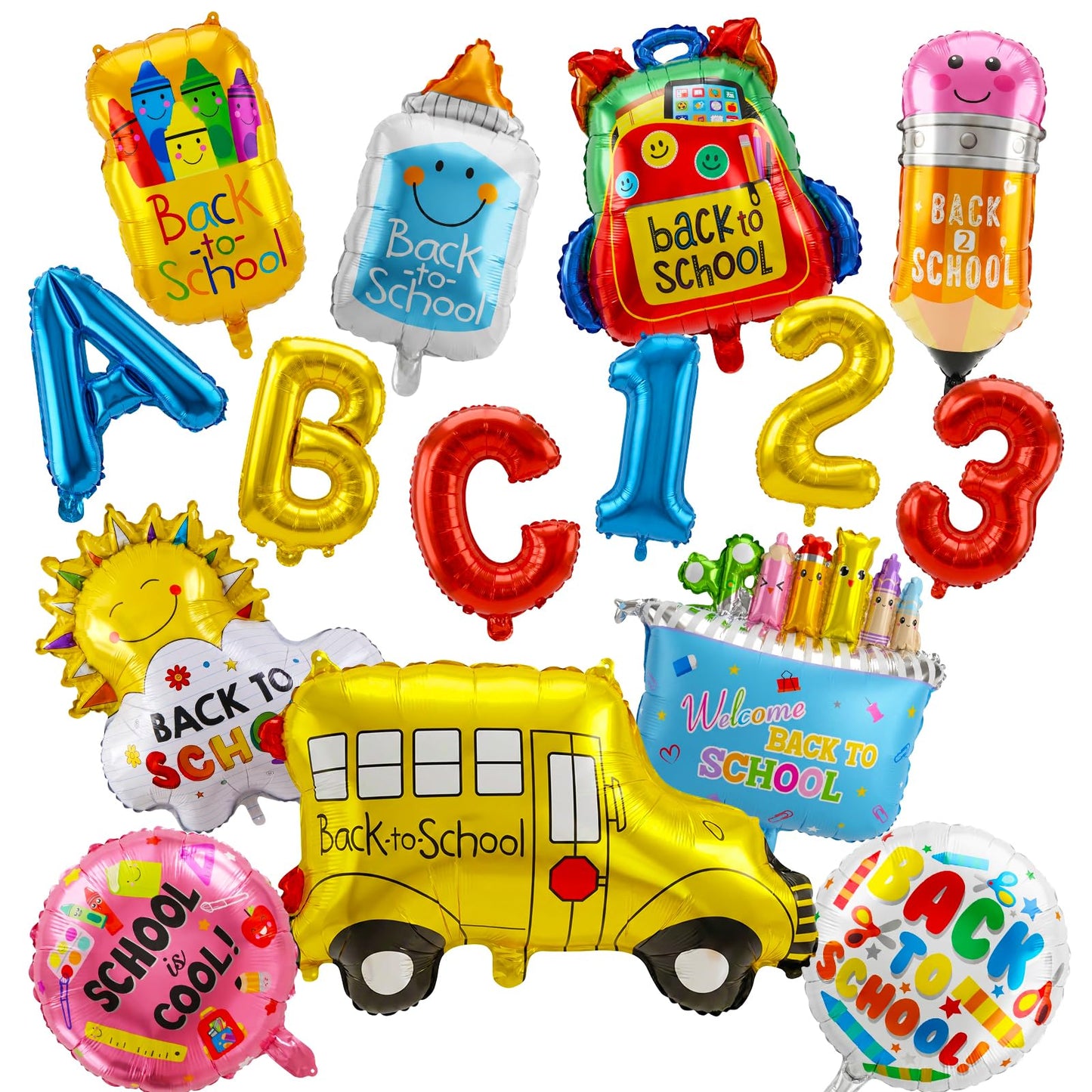 15 Pcs Back to School Balloons First Day of School Decorations Kit with School Bus Pencil Schoolbag & Crayon Box Foil Mylar Balloons for Classroom