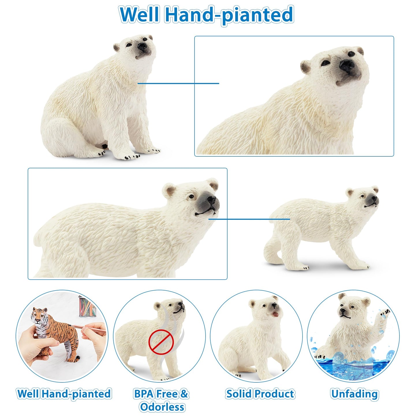 Toymany 6PCS Polar Bear Figurines Toy with Polar Bear Cub, 2-4" Realistic Plastic Arctic Animals Figures Family Set for Christmas Educational Toys