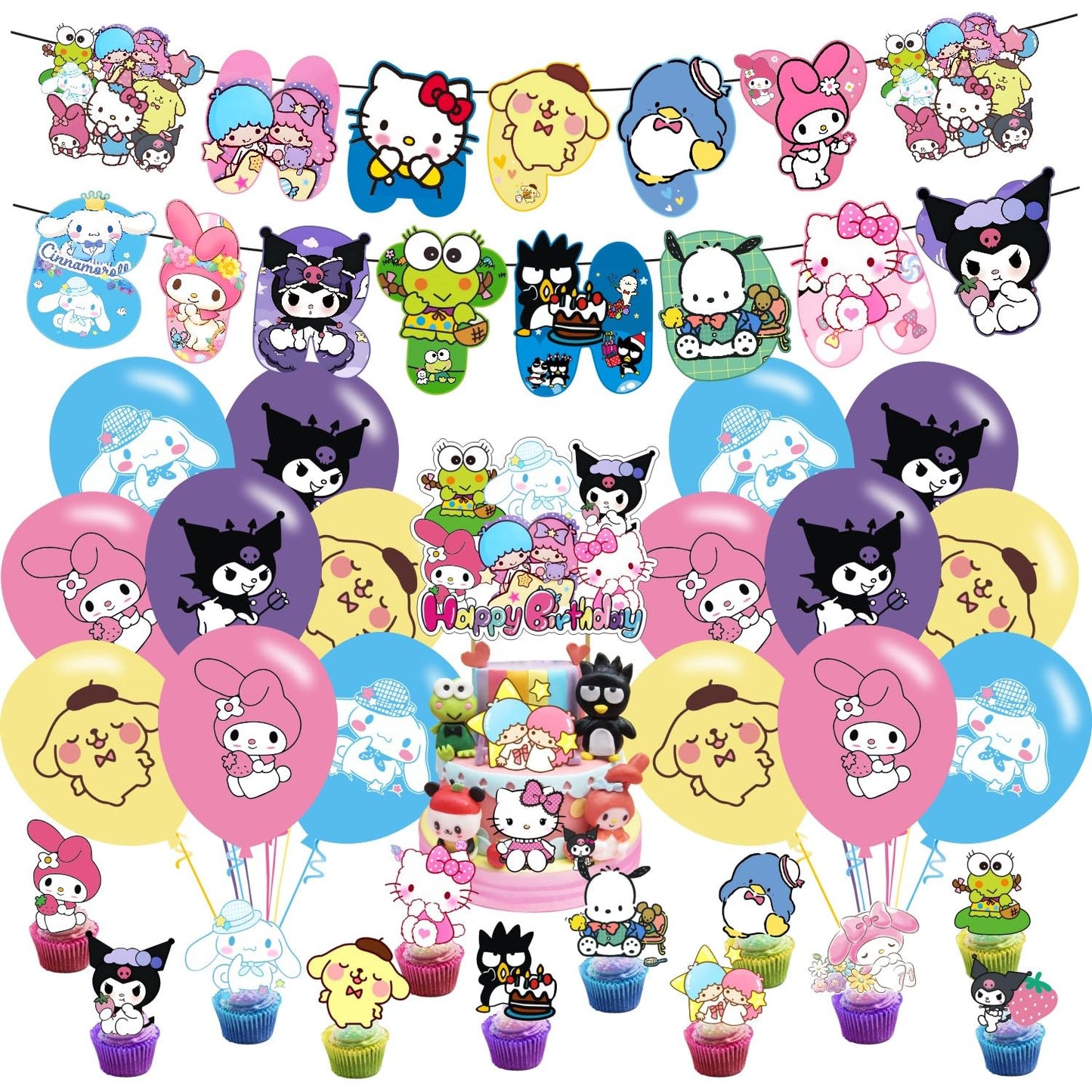 Kawaii and Friends Birthday Decorations,Kawaii and Friends Party Supplies Include Happy Birthday Banner, Cake Topper and Cupcake Toppers, Balloons