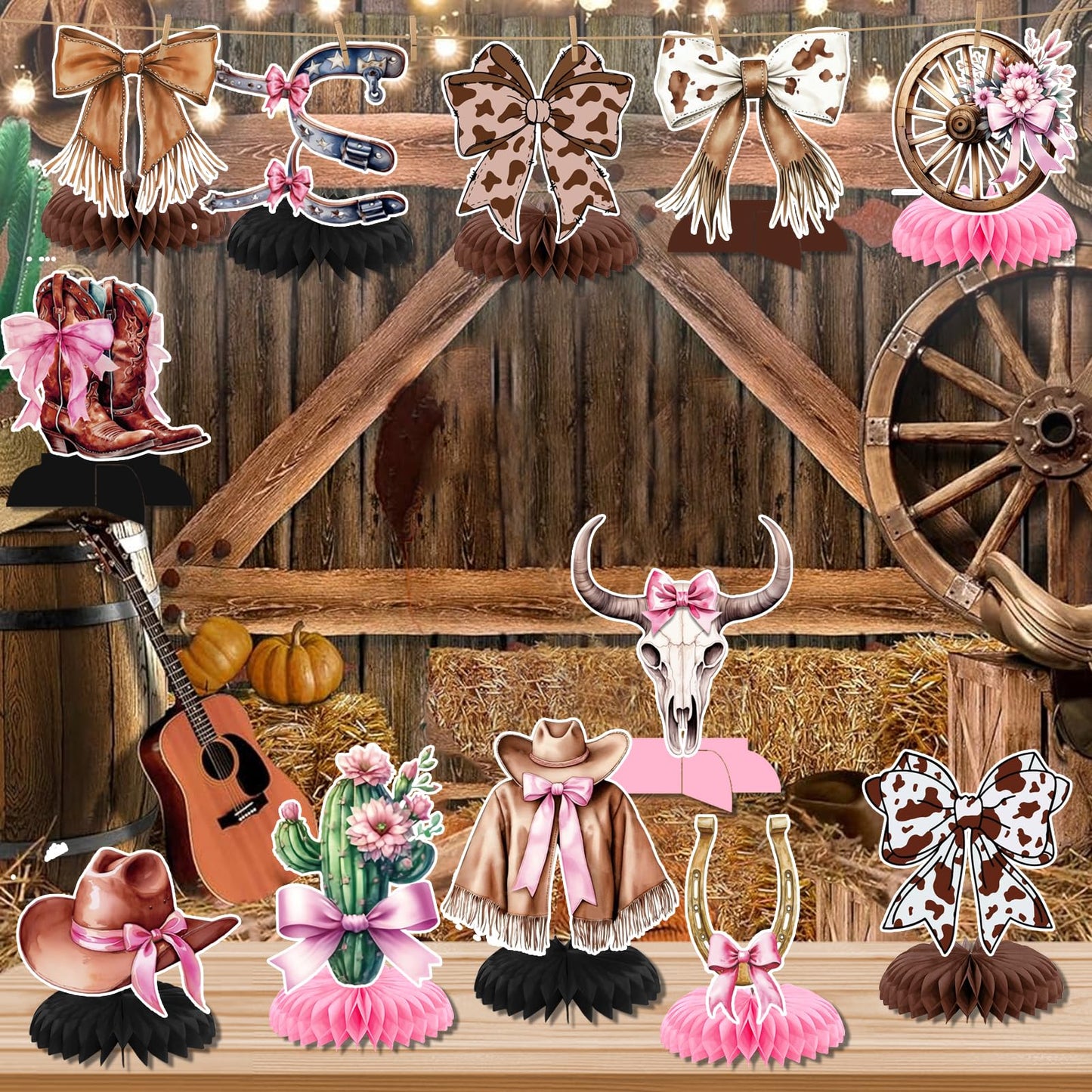 12Pcs Cowgirl Party Decorations Western Cowgirl Boot Centerpieces for Tables Pink Rodeo Theme Western Boots and Bows Party Decorations for Baby Shower