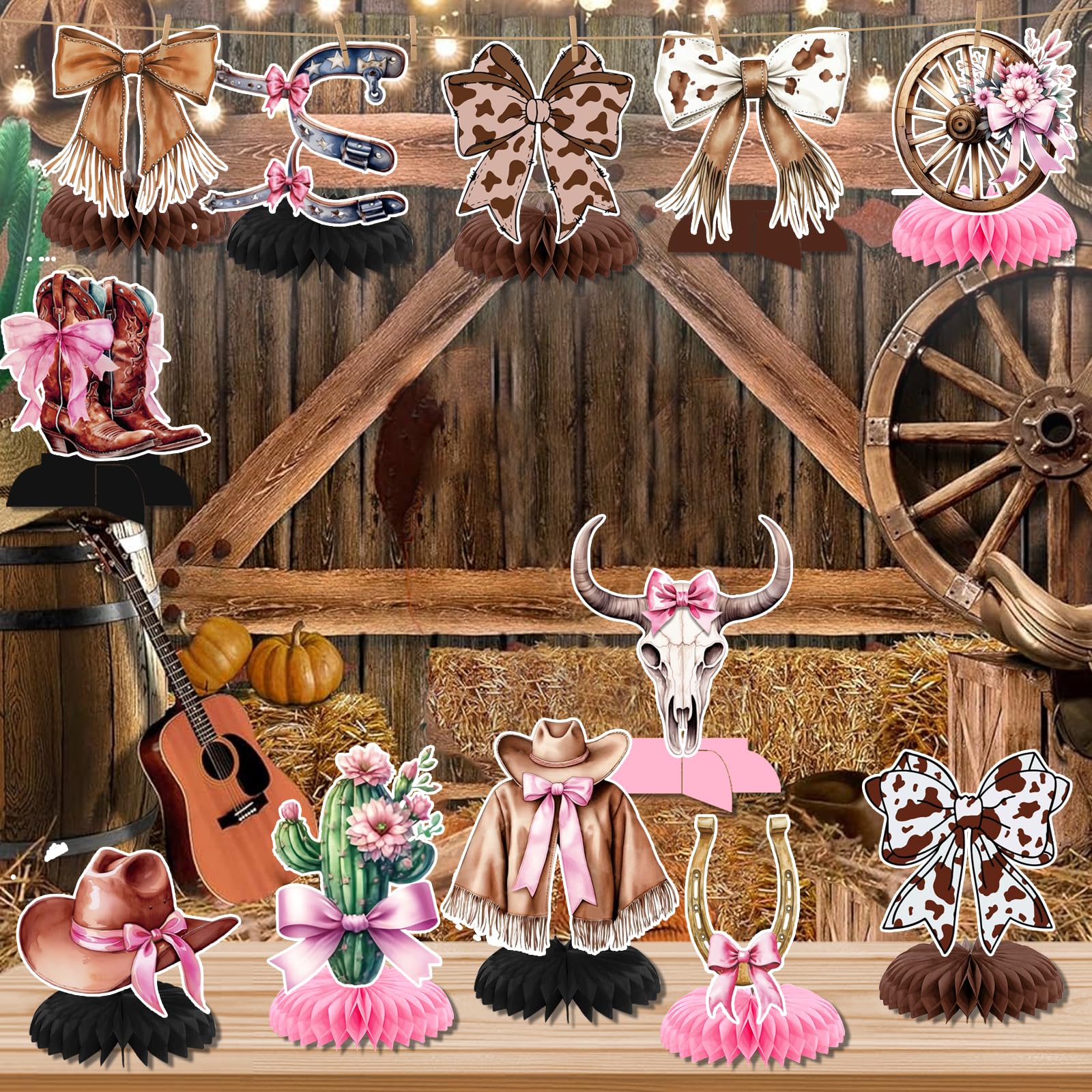 12Pcs Cowgirl Party Decorations Western Cowgirl Boot Centerpieces for Tables Pink Rodeo Theme Western Boots and Bows Party Decorations for Baby Shower