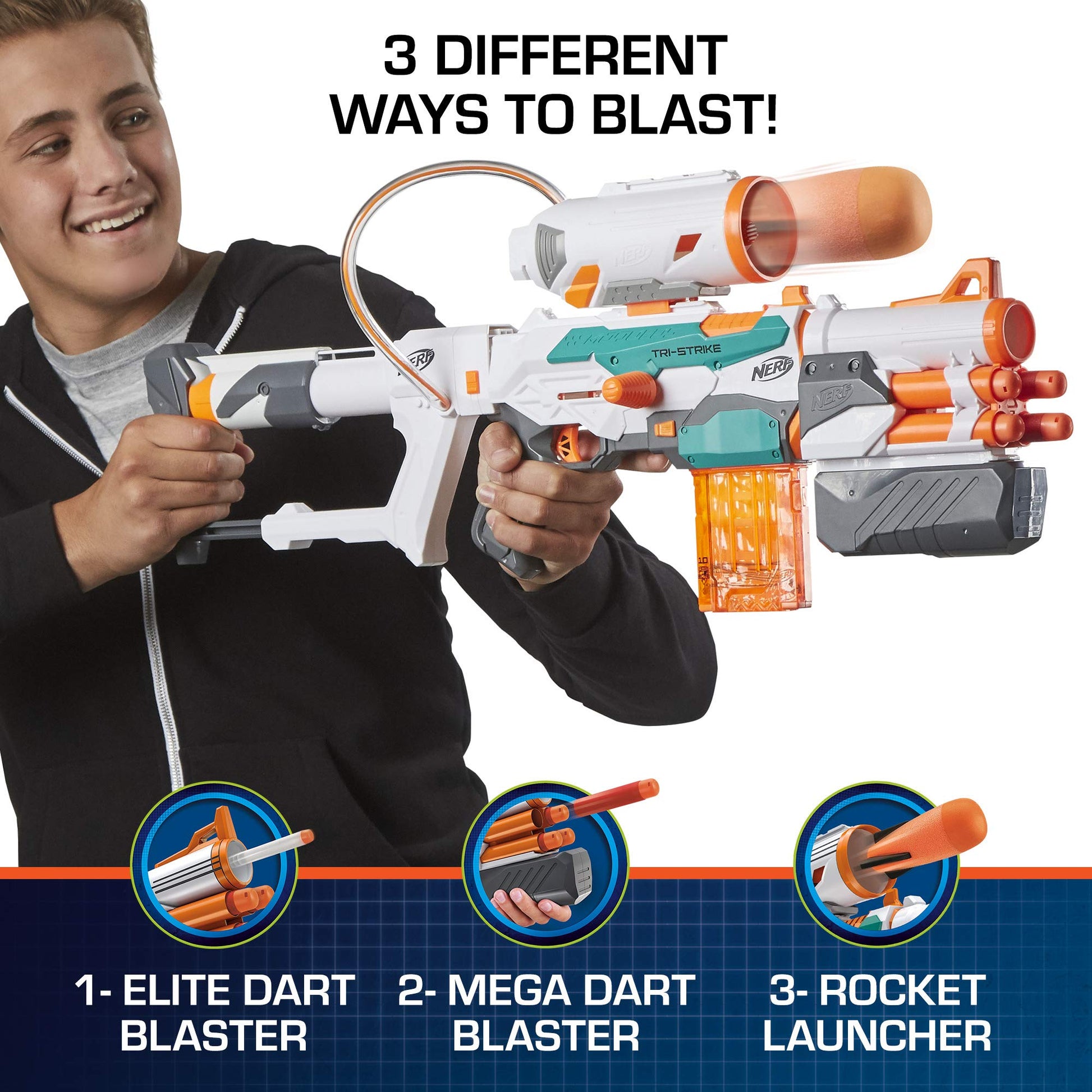 Nerf Modulus Tri-Strike Blaster, Mega Barrel, Rocket Launcher, Clip, 1 Rocket, Kids Outdoor Games (Amazon Exclusive)