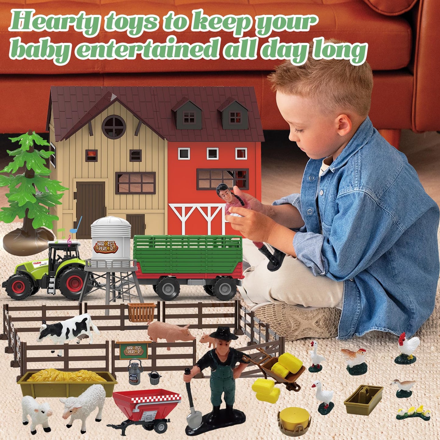 lonfypeng 109PCS Farm Animals Toys Set Comes with Barn, Rice Storehouse, Rice Trolley with Lights & Sounds, Milking shed, Farmer, Fence - Playset