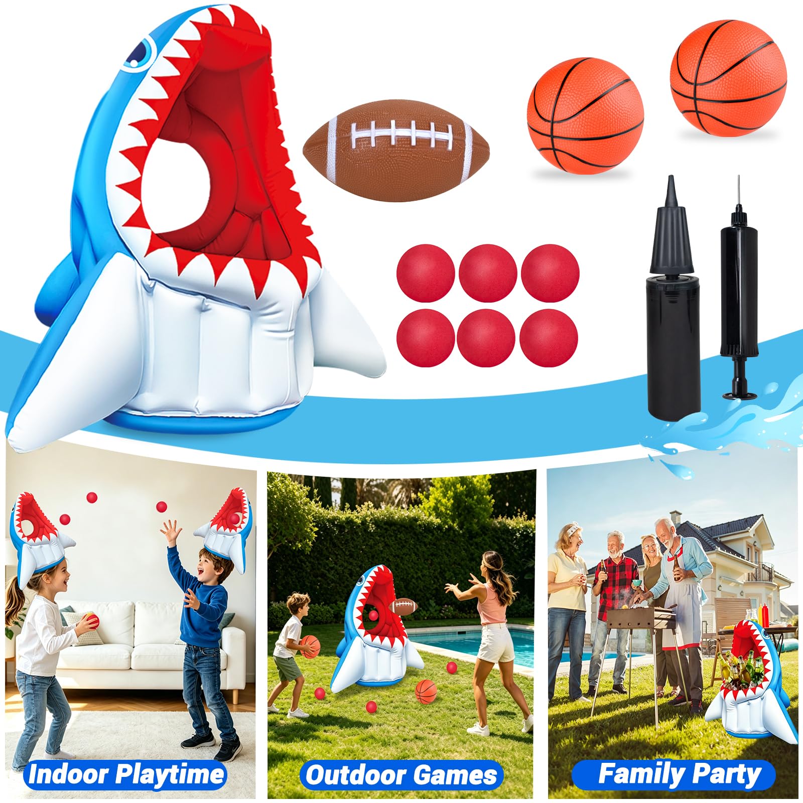 Shark Pool Toys, 3-in-1 Inflatable Pool Floats Kids Outdoor Water Games