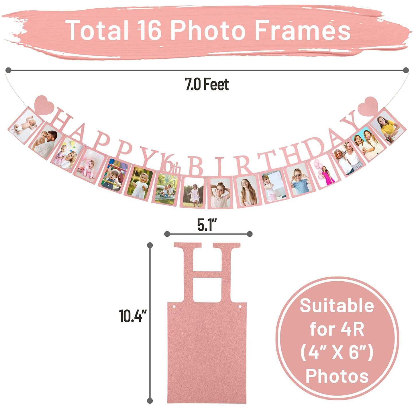Sweet 16 Birthday Decorations Photo Banner in Rose Gold Pre-assembled - Sweet 16 Banner WITH Sixteen Photo Card Frames Party Supplies - Happy 16th