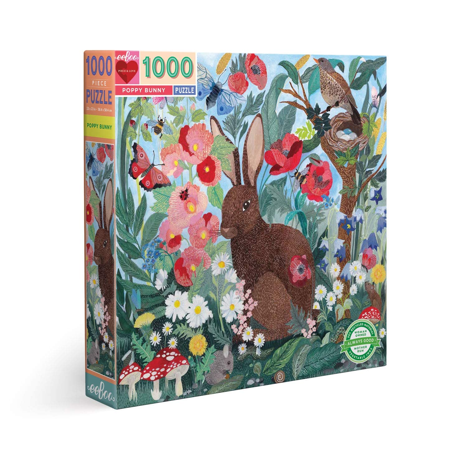 eeBoo 1000 Piece Puzzle - Poppy Bunny Jigsaw Puzzle for Adults, Square 23" x 23" Made with Recycled Board & Vegetable-Based Ink