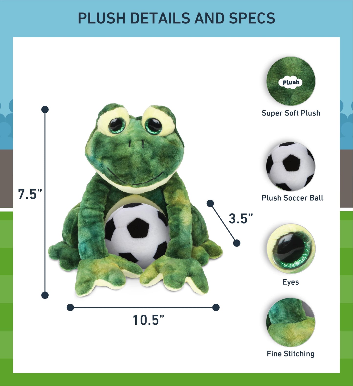 DolliBu Squat Frog Stuffed Animal with Soccer Ball Plush - Soft Huggable Frog, Adorable Playtime Squat Frog Plush Toy, Cute Farm Life Sports Gift