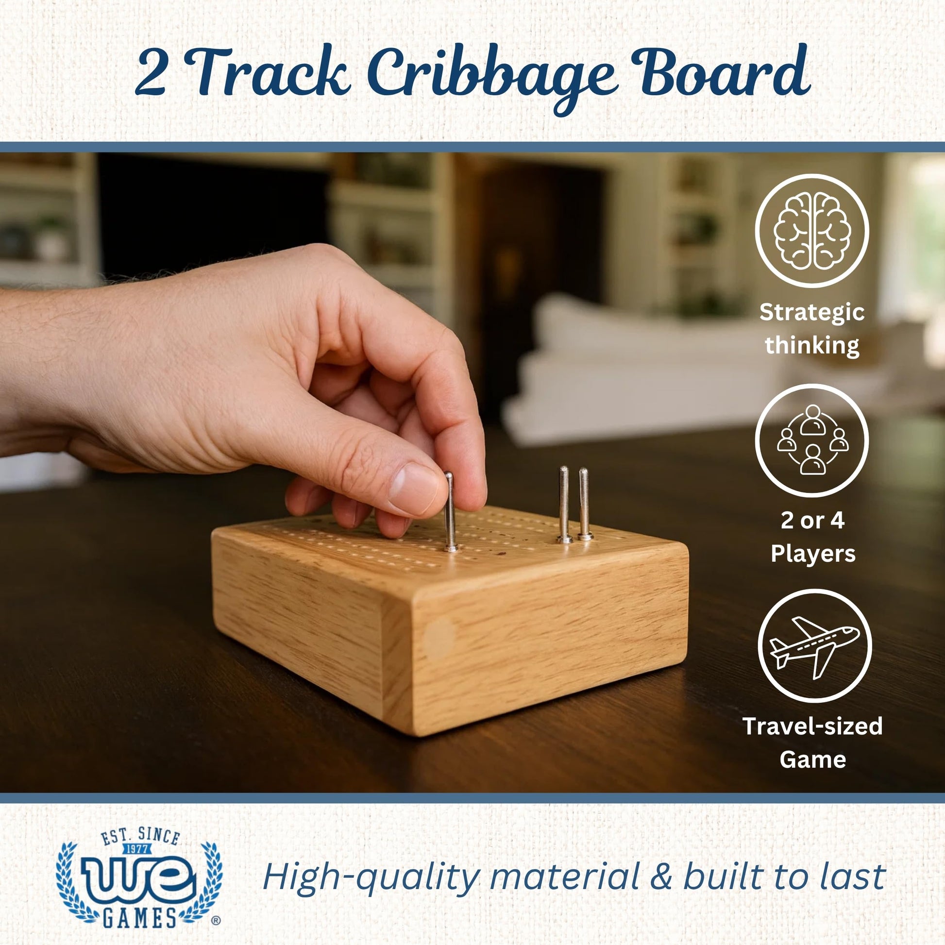 WE Games Travel Cribbage Board - Mini 2-Track Cribbage Game with Swivel Storage, Cards & Metal Pegs