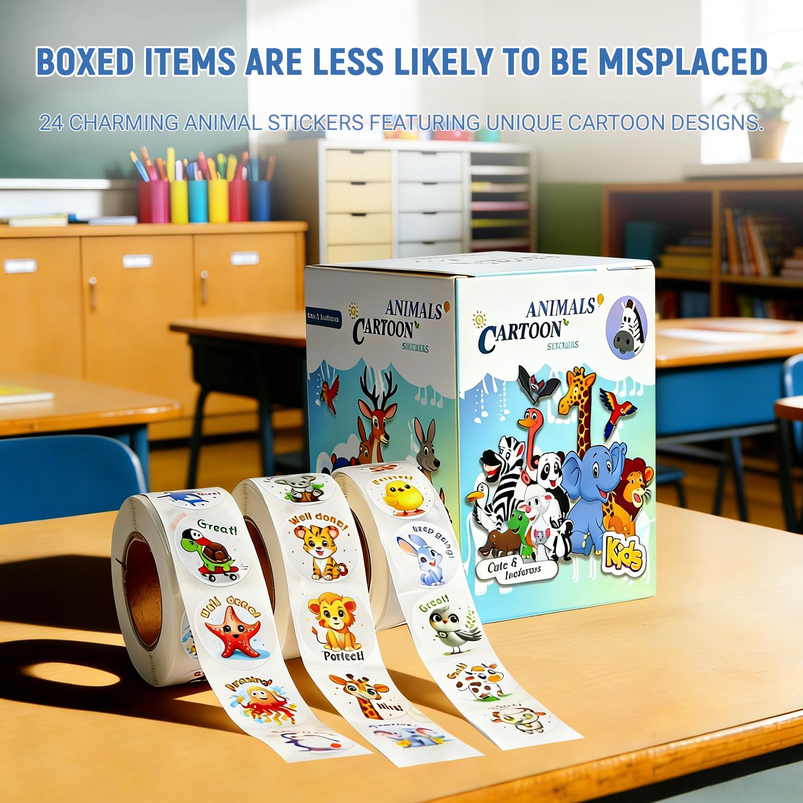 Reward Stickers 3 Rolls 1500 PCS for Students, Fun Colorful Animal Designs Stickers for Teachers, School, Party, Homework Rewards, Gifts, Classroom
