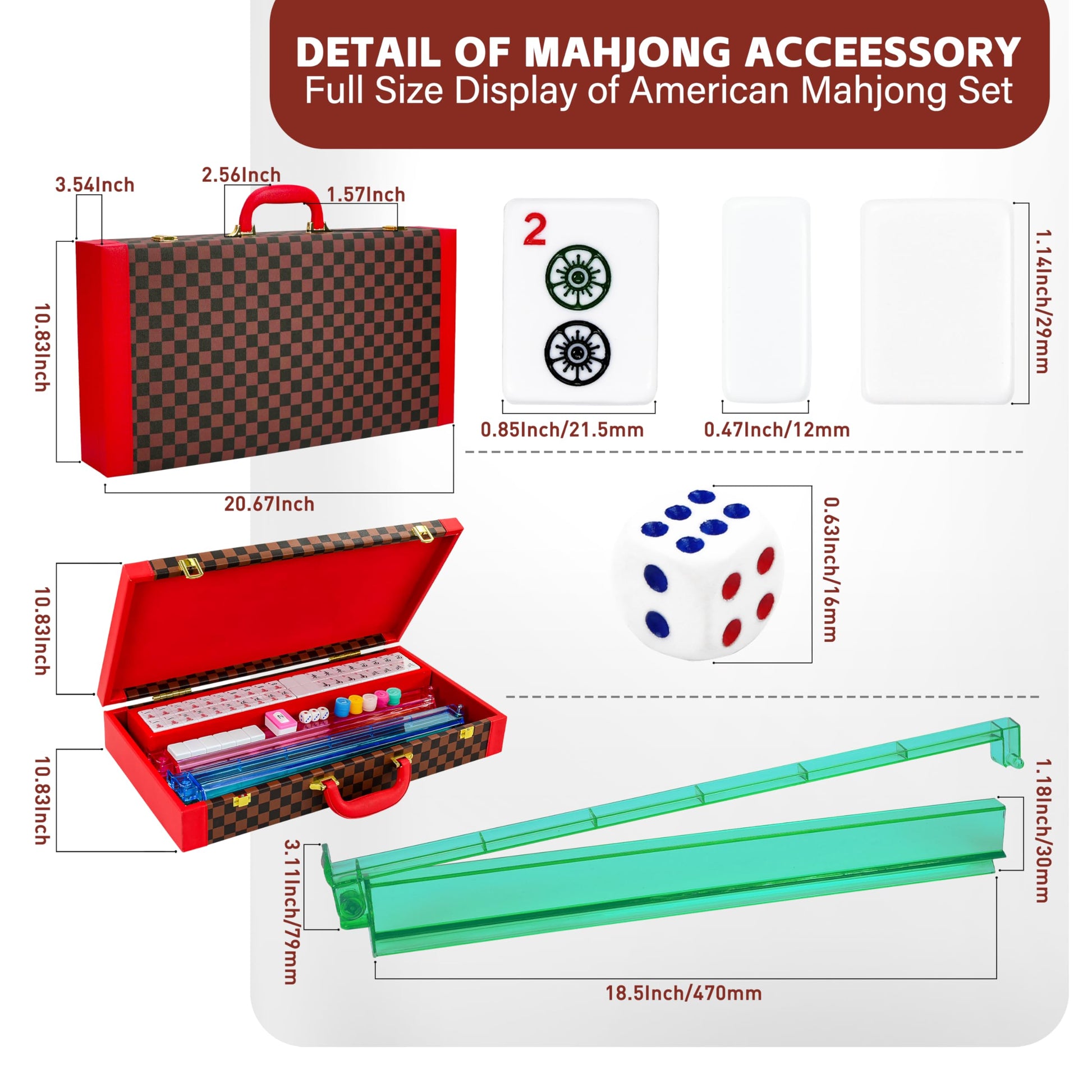 American Mahjong Set 166 Tiles, Complete Mahjong Game Kit with Portable Leather Suitcase, 4 Racks, 2 Storage Trays, Dice, Wind Indicator, Chips, Full