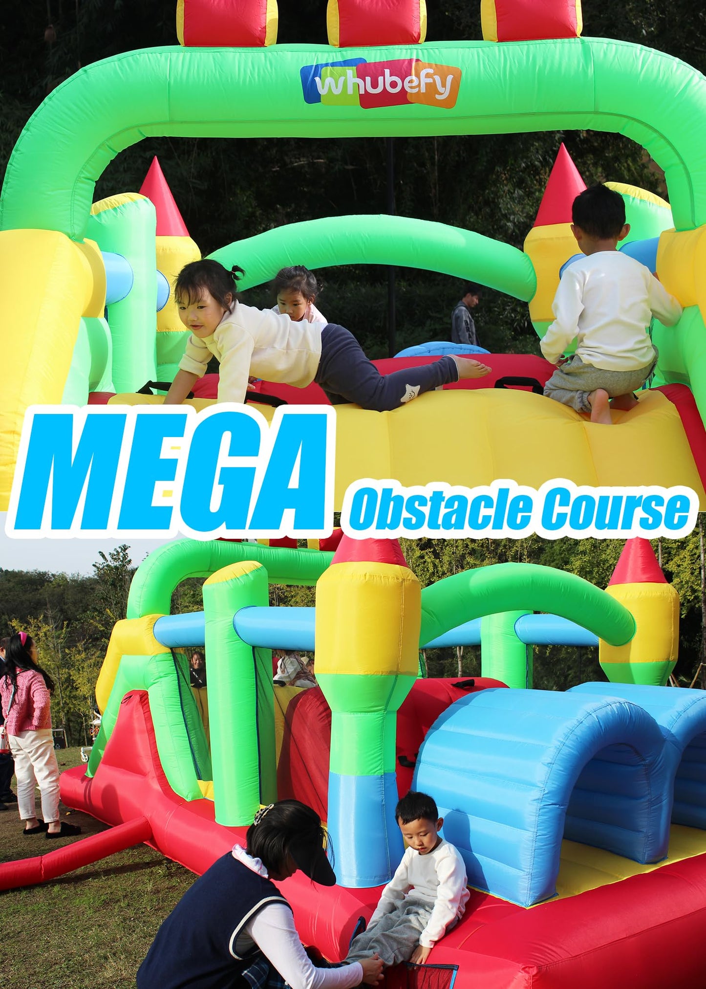 Whubefy 18x8.2FT Giant Inflatable Bounce House Obstacle Course for Big Kids 3-6 8-12 with Extra Large Slide, Racing Crawl Tunnels, Blow Up Race Track