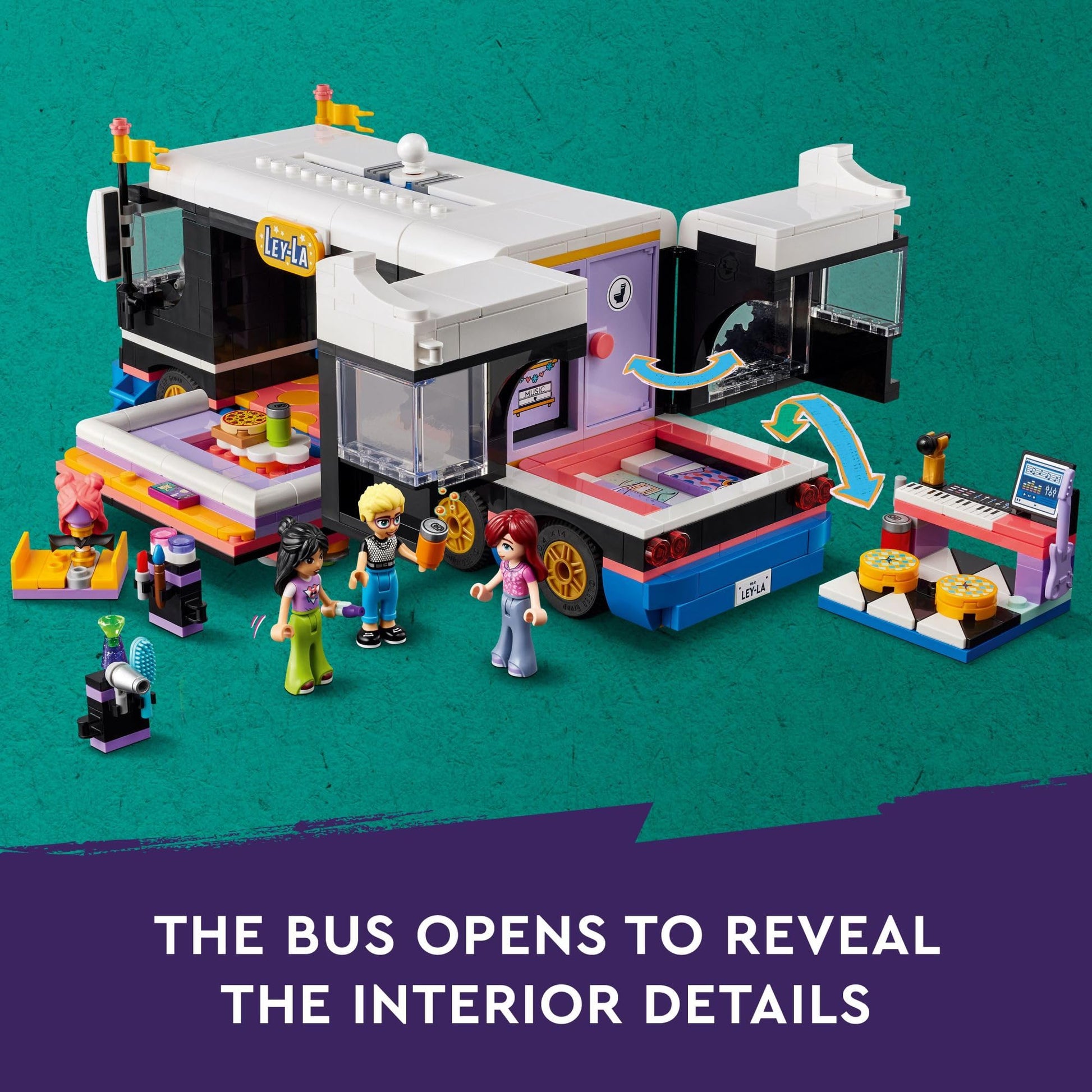LEGO Friends Pop Star Music Tour Bus Play Together Toy, Social-Emotional Musical Toy with 4 Mini-Doll Characters, Toy Truck Building Kit, Music Gift