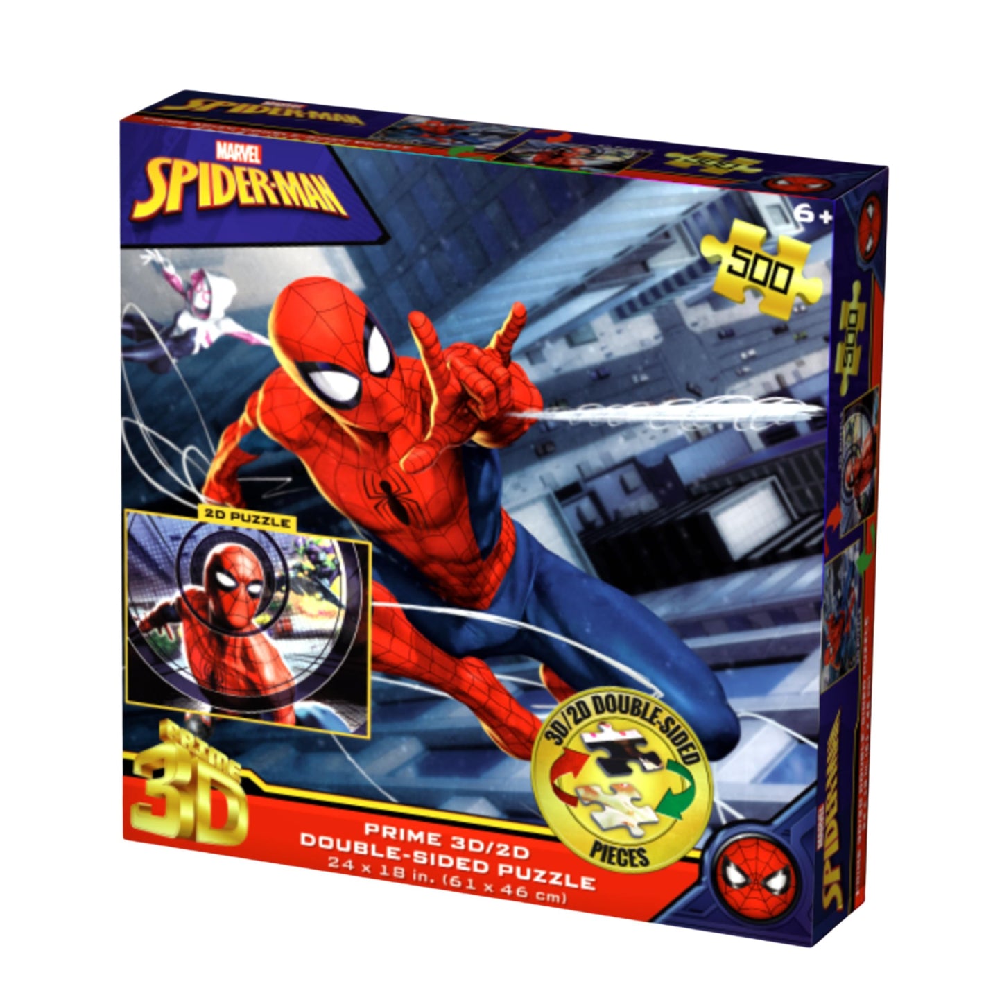 Prime 3D Marvel Spider-Man Double-Sided Puzzle - 500 Piece 3D/2D Lenticular Jigsaw for Adults & Kids, 24"x18" Motion-Depth Activity, Official