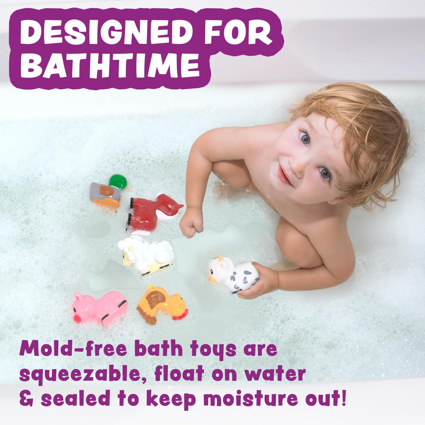 Tub Works® Barnyard™ Mold Free Bath Toys, 6 Pack | Sealed, No Hole Bath Toys Design Keeps Moisture Out | Soft, Squeezable & Float on Water | Farm