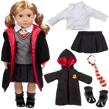 9pc Hermione Granger Inspired Outfit- 18" Doll Clothes & Accessories Compatible w American Girl Dolls- School Uniform Set Includes Shirt, Skirt