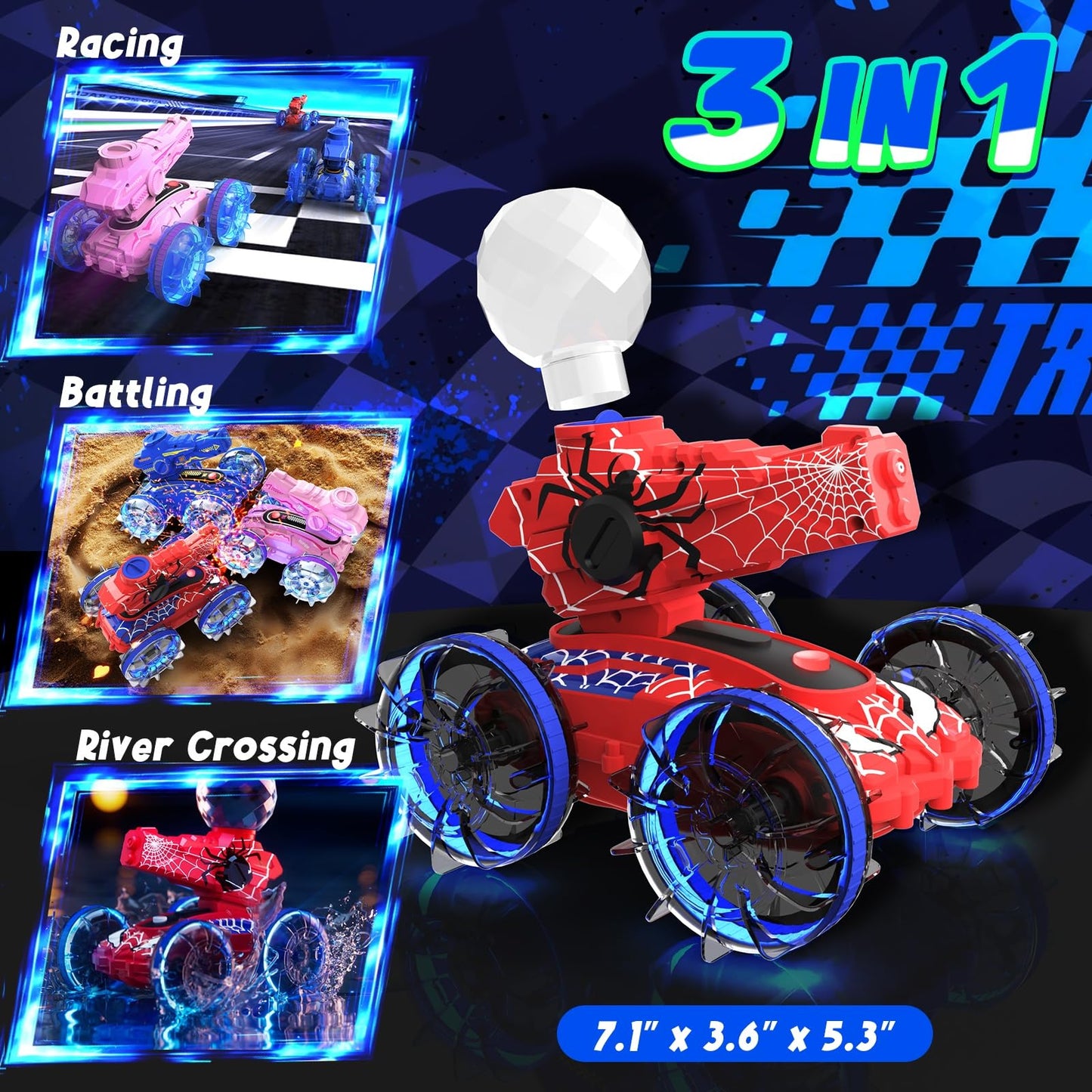 Spider Amphibious Remote Control Car for Boys Kids - 4WD Waterproof 2.4 GHz 360°Rotation RC Stunt Car - Water and Land Pool Toys Cars for 4 5 6 7 8 9