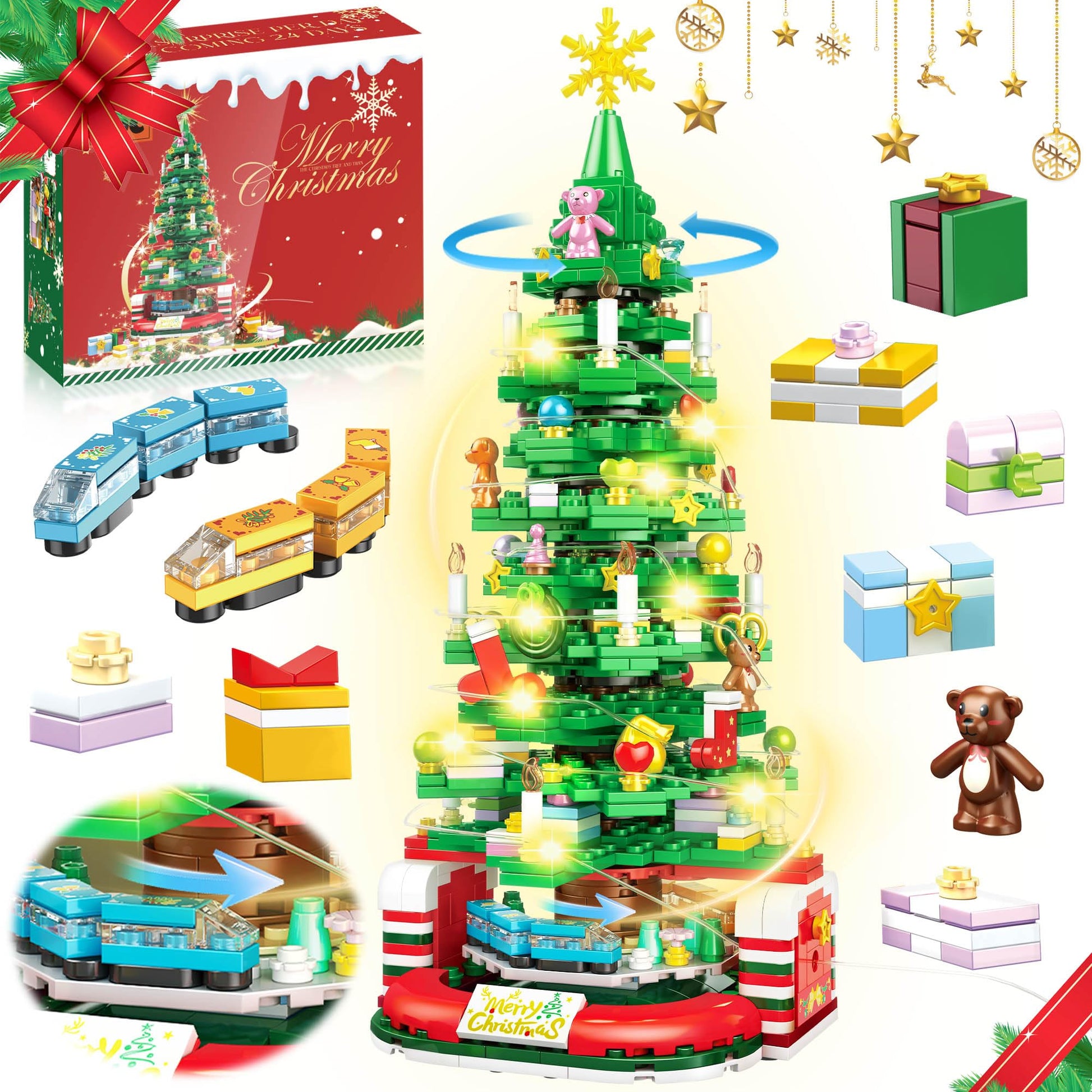 Zeluuyu Christmas Tree Building Block with LED Light, Rotating Christmas Tree 2024 Building Set for Adults, Christmas Tree Building Kit Xmas Gift