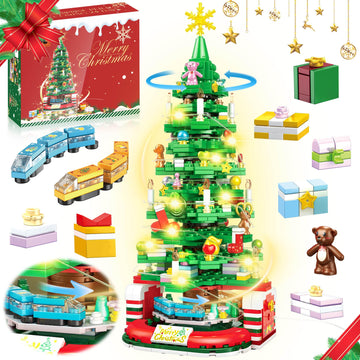 Zeluuyu Christmas Tree Building Block with LED Light, Rotating Christmas Tree 2024 Building Set for Adults, Christmas Tree Building Kit Xmas Gift