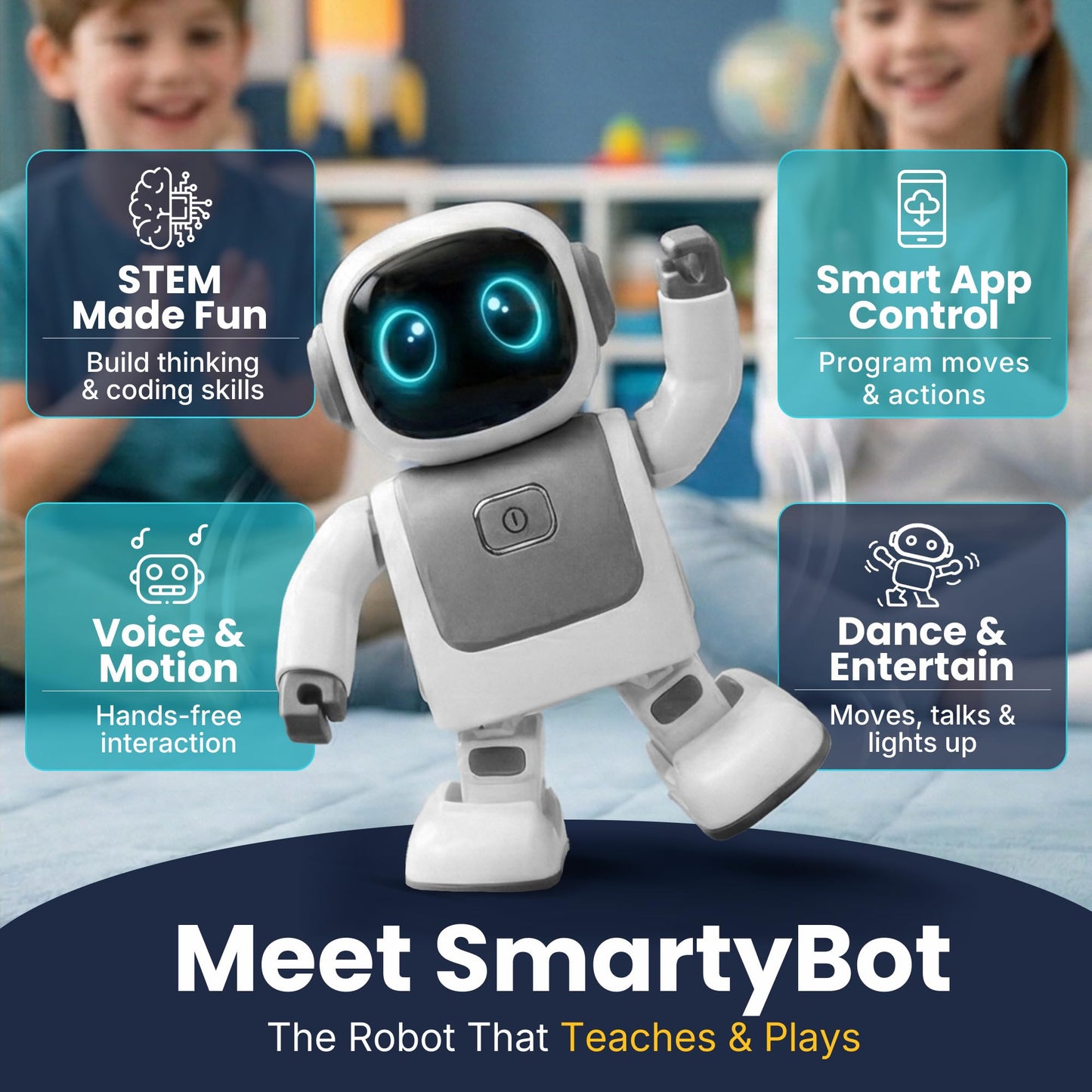 SmartyBot Smart Robot Toy for Kids - Interactive Remote Control Robot with App, Programmable Moves, 7 Customizable LED Eye Colors, Reacts to Music