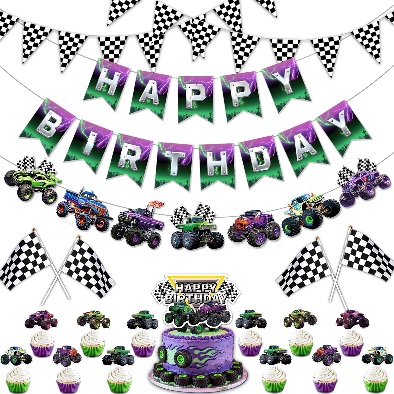 20 Pcs Monster Truck Birthday Decorations, Monster Truck Party Banner Set, Cars Truck Garland Black and White Checkered Flags Pennants Cake Topper