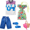 Barbie & Ken Fashions 2-Pack Clothing & Accessories Set, 1 Tropical Dress & Tote for Barbie Doll & 1 Tropical Shirt & Shorts Outfit with Shoes for Ken