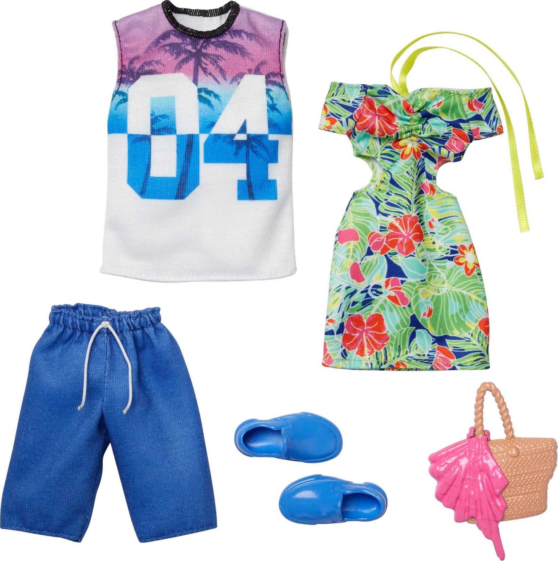Barbie & Ken Fashions 2-Pack Clothing & Accessories Set, 1 Tropical Dress & Tote for Barbie Doll & 1 Tropical Shirt & Shorts Outfit with Shoes for Ken