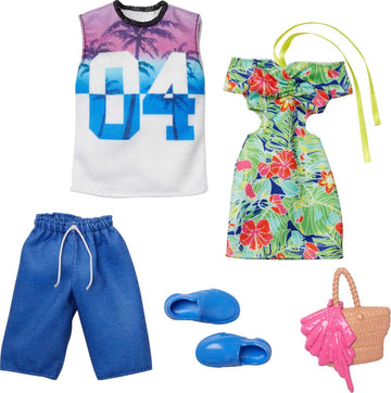 Barbie & Ken Fashions 2-Pack Clothing & Accessories Set, 1 Tropical Dress & Tote for Barbie Doll & 1 Tropical Shirt & Shorts Outfit with Shoes for Ken