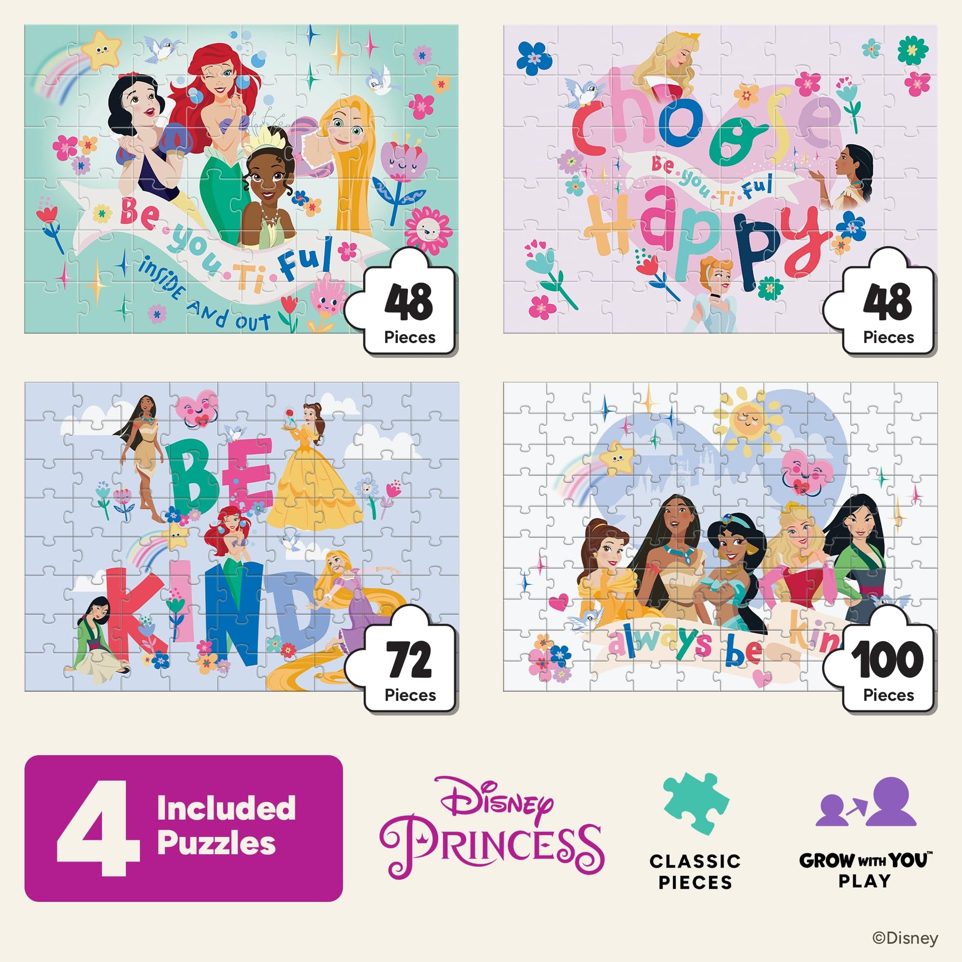 Disney Princess - CEACO 4-in-1 Multipack Jigsaw Puzzles - 48, 72 & 100 Pieces, Preschool Puzzle Set for Ages 3-6+