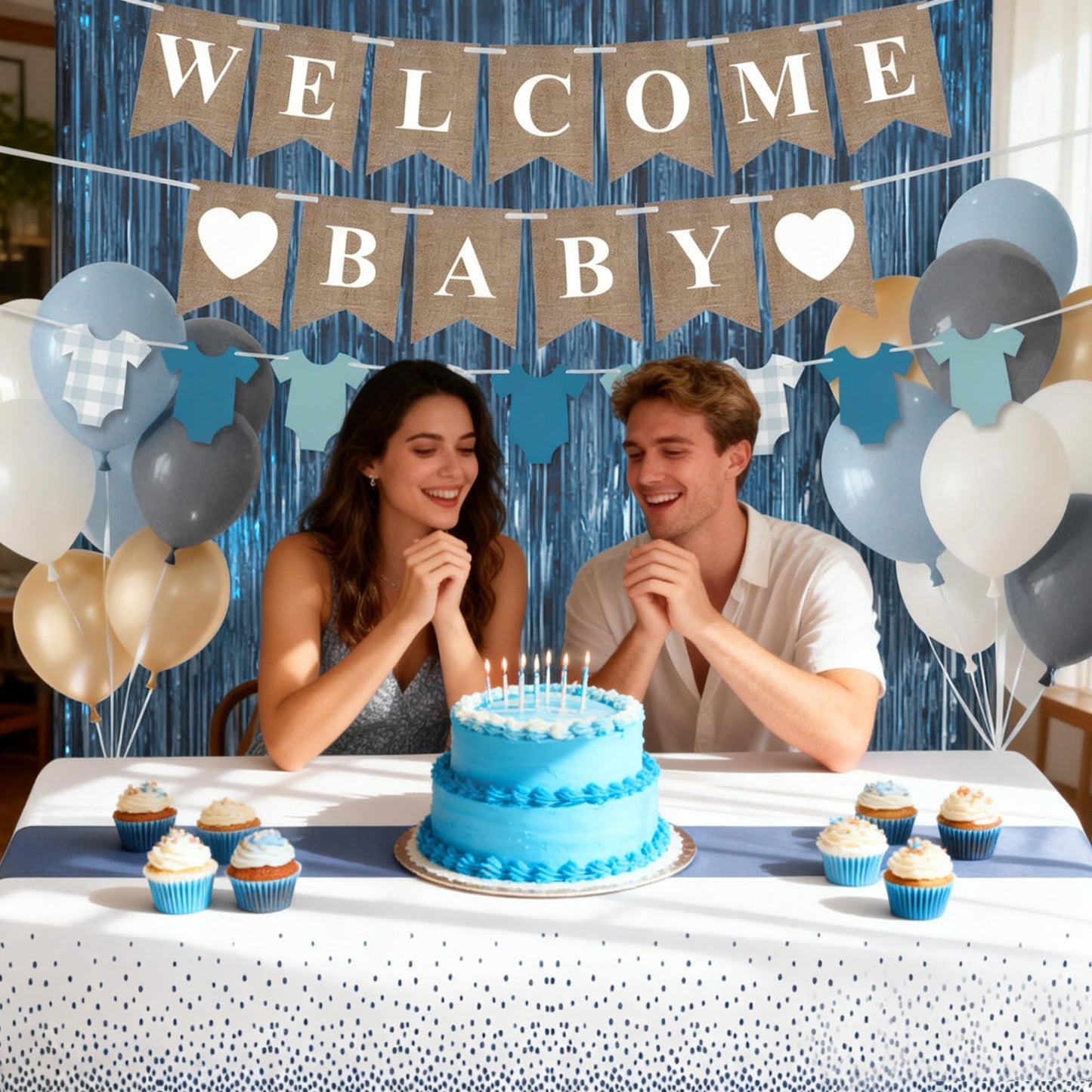 18PCS Dusty Blue Baby Shower Decorations with Banner Clothes Banner Tablecloth Decor Set