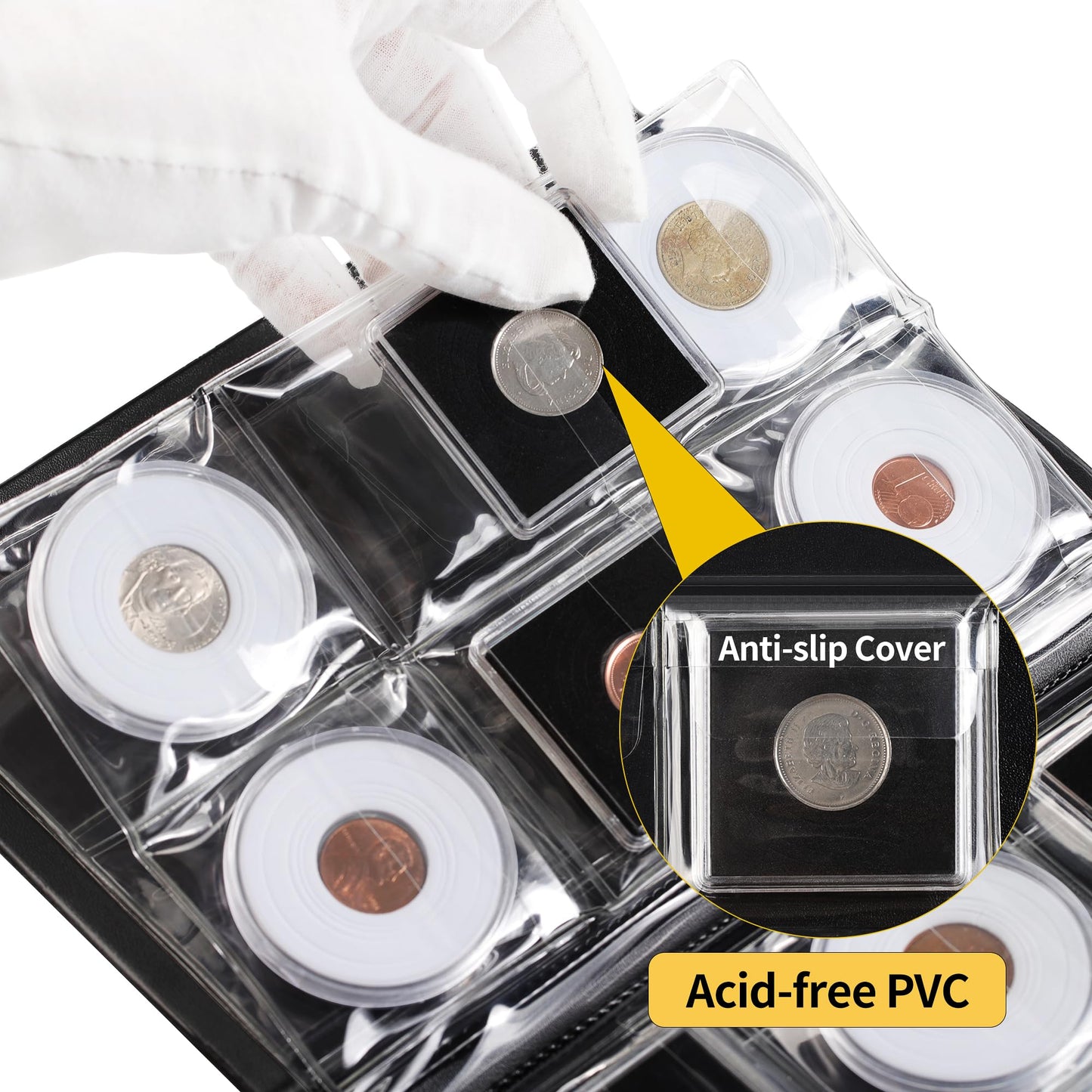 36 Pockets Coin Capsule Holder Album - 2.3x2.2 inches Coin Collecting Book with 6 Pages, Collection Album Sleeves for Square, Round Coin Snap Holders
