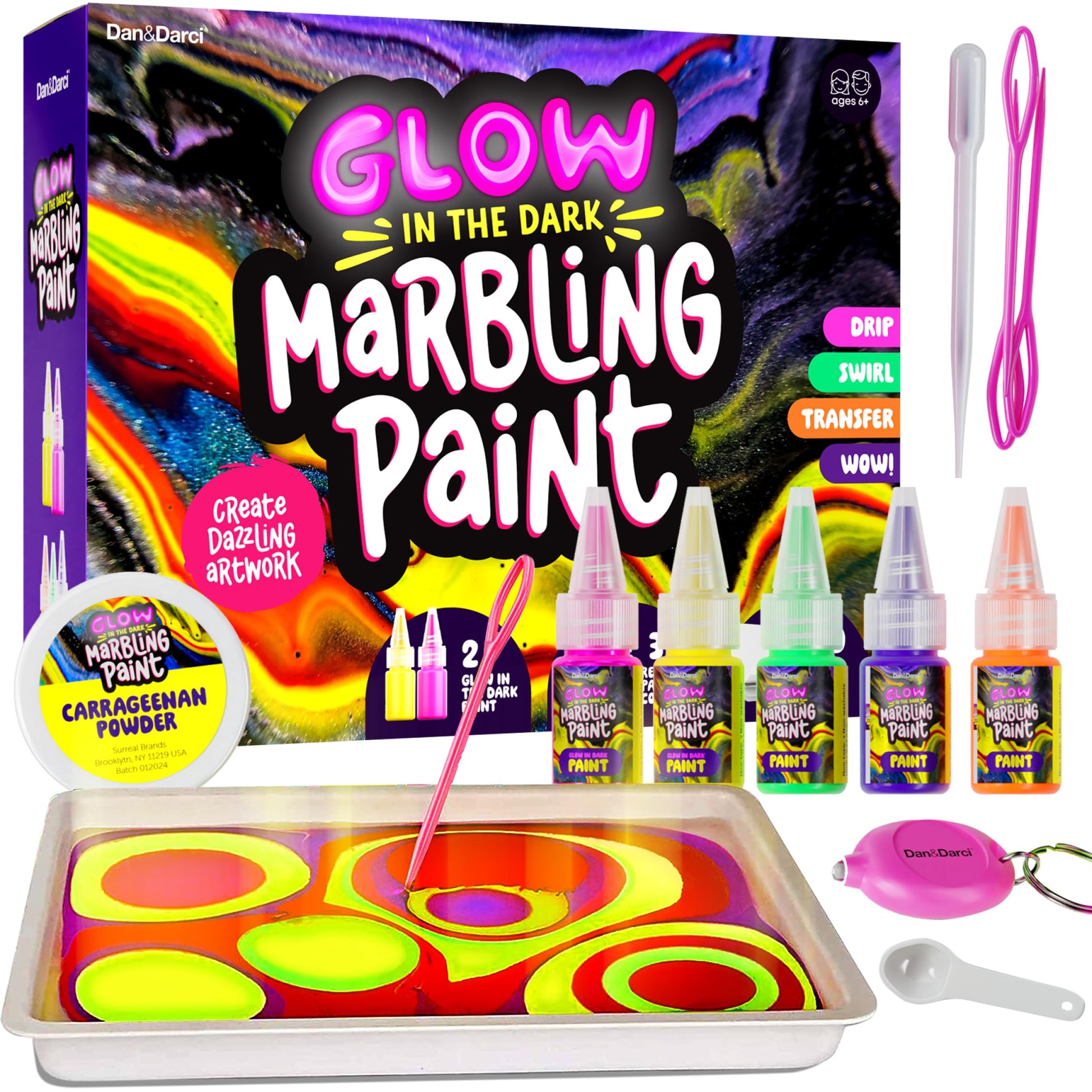 Dan&Darci Glow in The Dark Marble Paint Kit for Kids - Water Marbling Painting Art Set for Boys & Girls Ages 6, 7, 8, 9, 10, 11, 12 Year Old - Kid