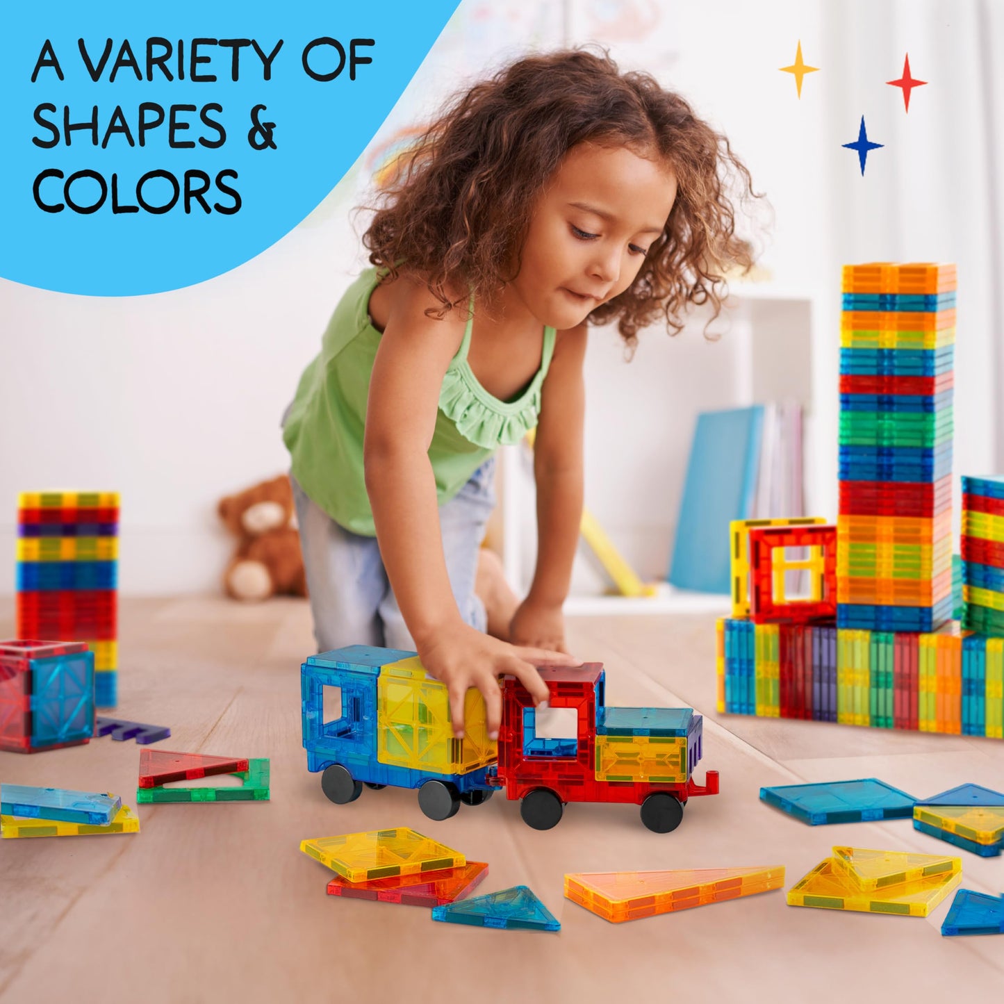 SUNNY AUNTIE Magnetic Tiles 125 PCS XL Set with Storage Bag - Magnetic Building Tiles for Kids Ages 3-8, STEM Magnet Construction Toy for Boys & Girls