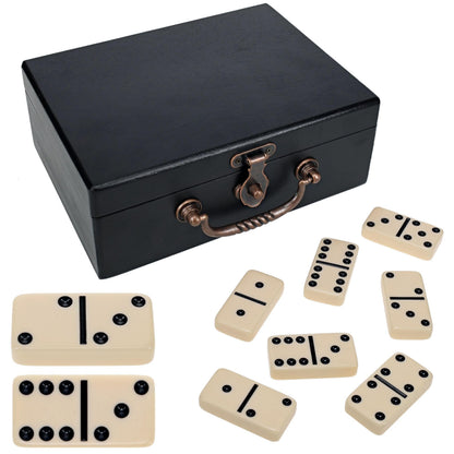 WE Games Double 6 Dominoes in Black Stained Wooden Treasure Box, Dominoes Set for Adults, Ivory Color Double Six Domino, Classic Board Games, Tile