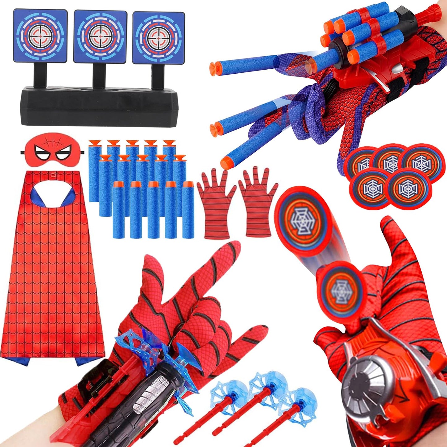 3 Sets Spider Web Shooters Halloween Party Favors Decorations for Kids Wrist Launcher Toys with Hero Gloves Auto Resetting Boards Spider Cape and Mask