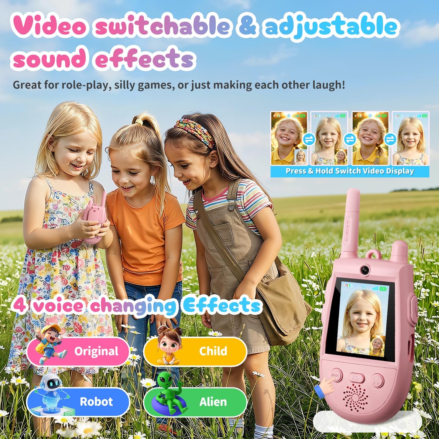 2 Pack Walkie Talkies for Kids, Rechargeable Kids Video Walkie Talkies with Camera & Voice Changer, Long Range Video Chat Toy for Age 3-12, Indoor
