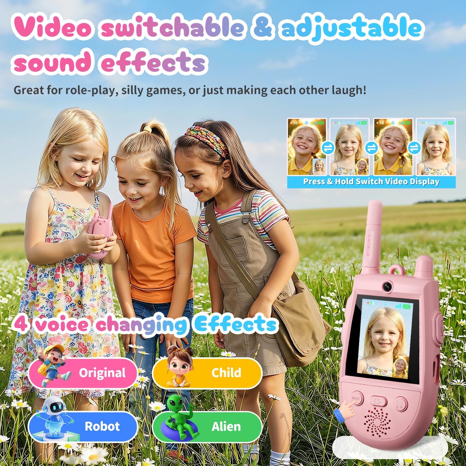 2 Pack Walkie Talkies for Kids, Rechargeable Kids Video Walkie Talkies with Camera & Voice Changer, Long Range Video Chat Toy for Age 3-12, Indoor