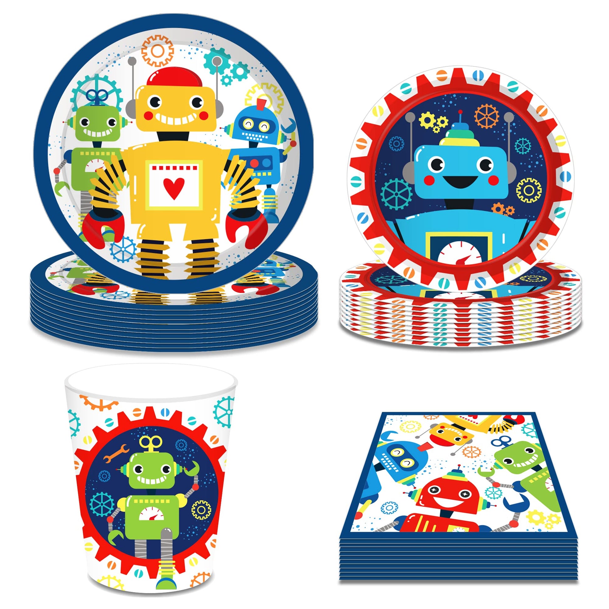 Lide Road 116 Pcs Robot Birthday Party Supplies Kit, Robot Plates, Napkins, Cups, Forks, Knives, Spoons for 16 Guests