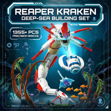 Myth Qholve Mechanical Reaper Kraken Building Block Set with Hand Crank Gear Motion, Articulated Body Deep Sea Scene Model Kit for Collectors