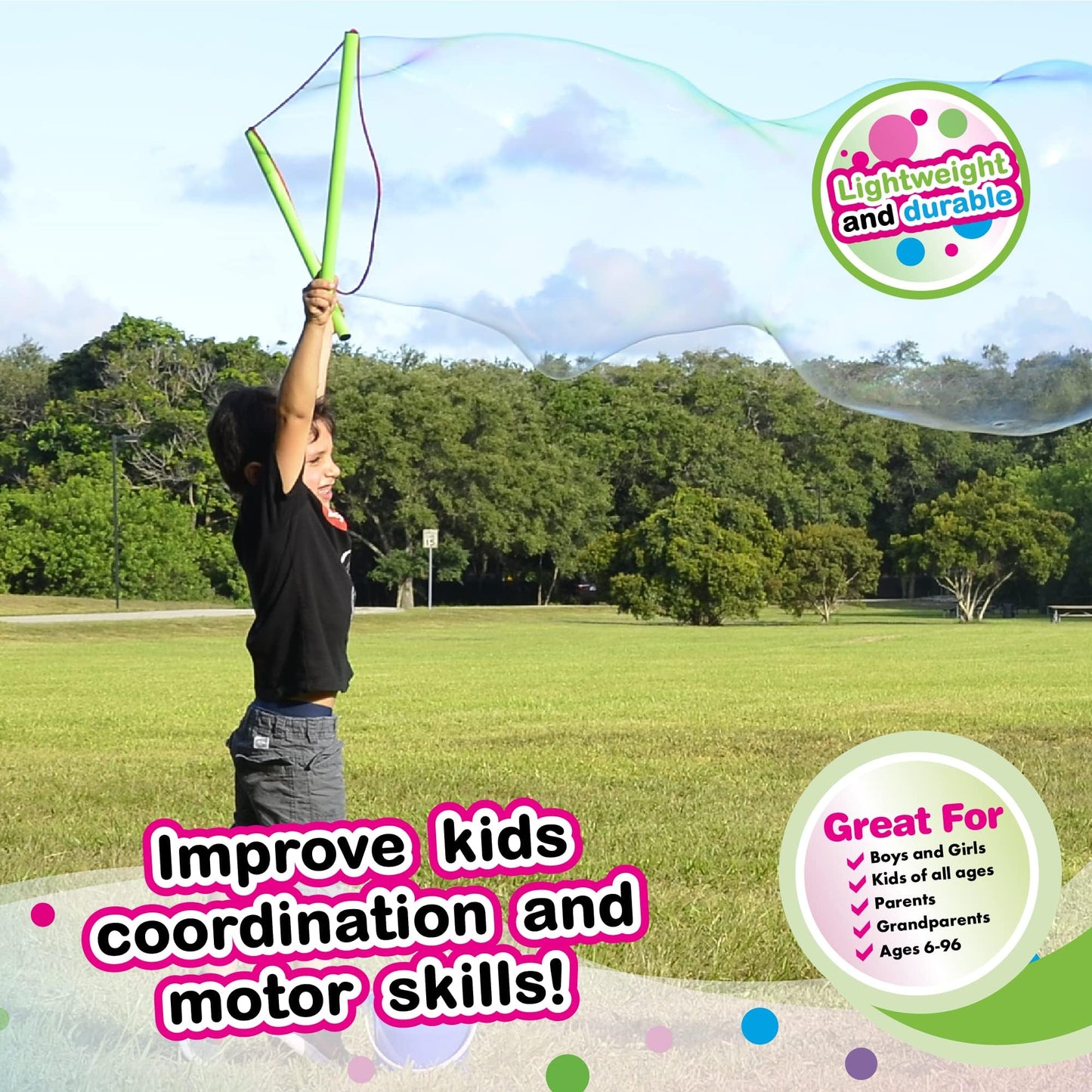 WOWmazing Giant Bubble Powder Kit: Include Large Bubble Wand and 3 Packet of Big Bubble Powder (Makes 3 Gallons) | Outdoor Toy for Kids, Boys, Girls |