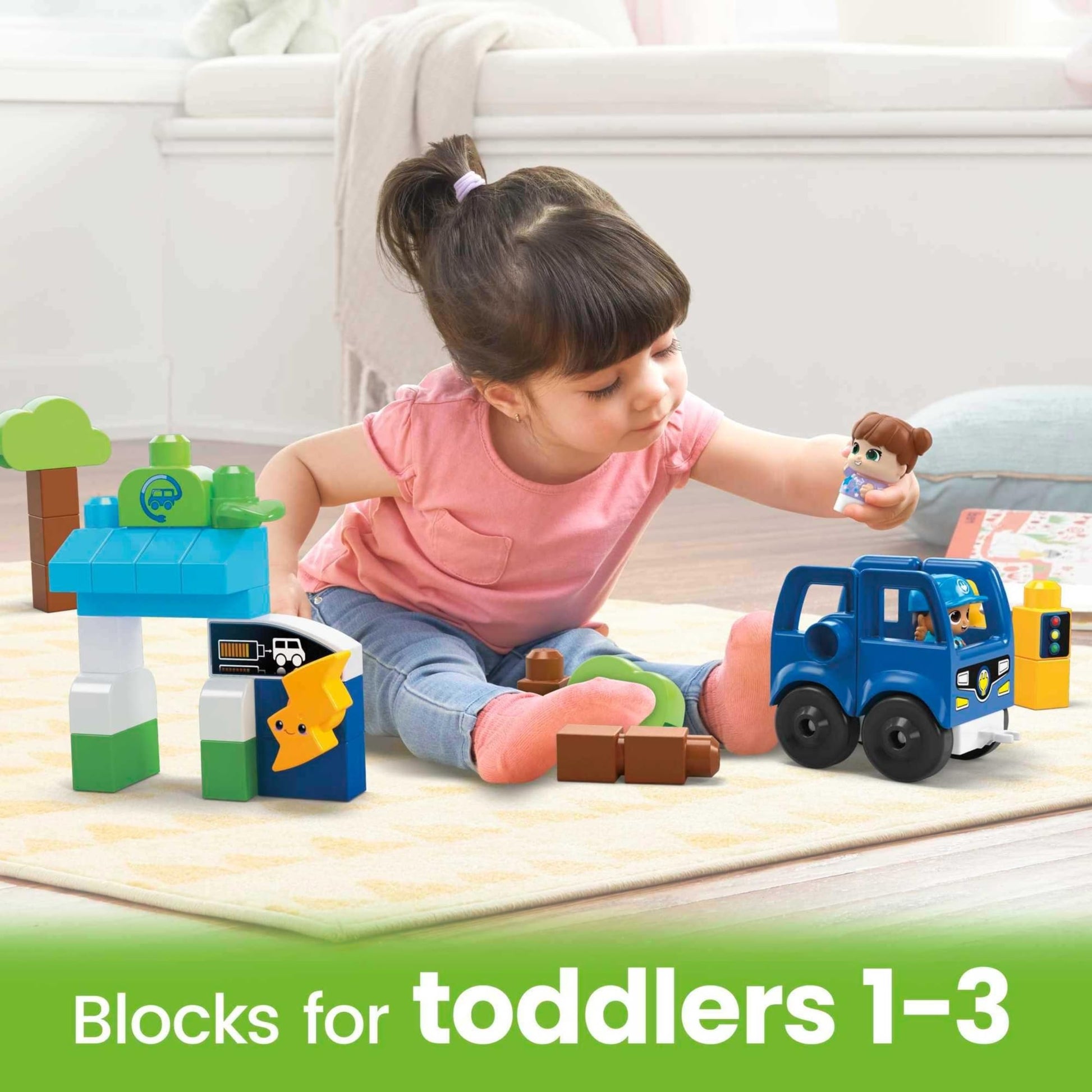 MEGA BLOKS Fisher-Price Toddler Building Blocks, Green Town Charge & Go Bus with 34 Pieces, 2 Figures, Kids Age 1+ Years