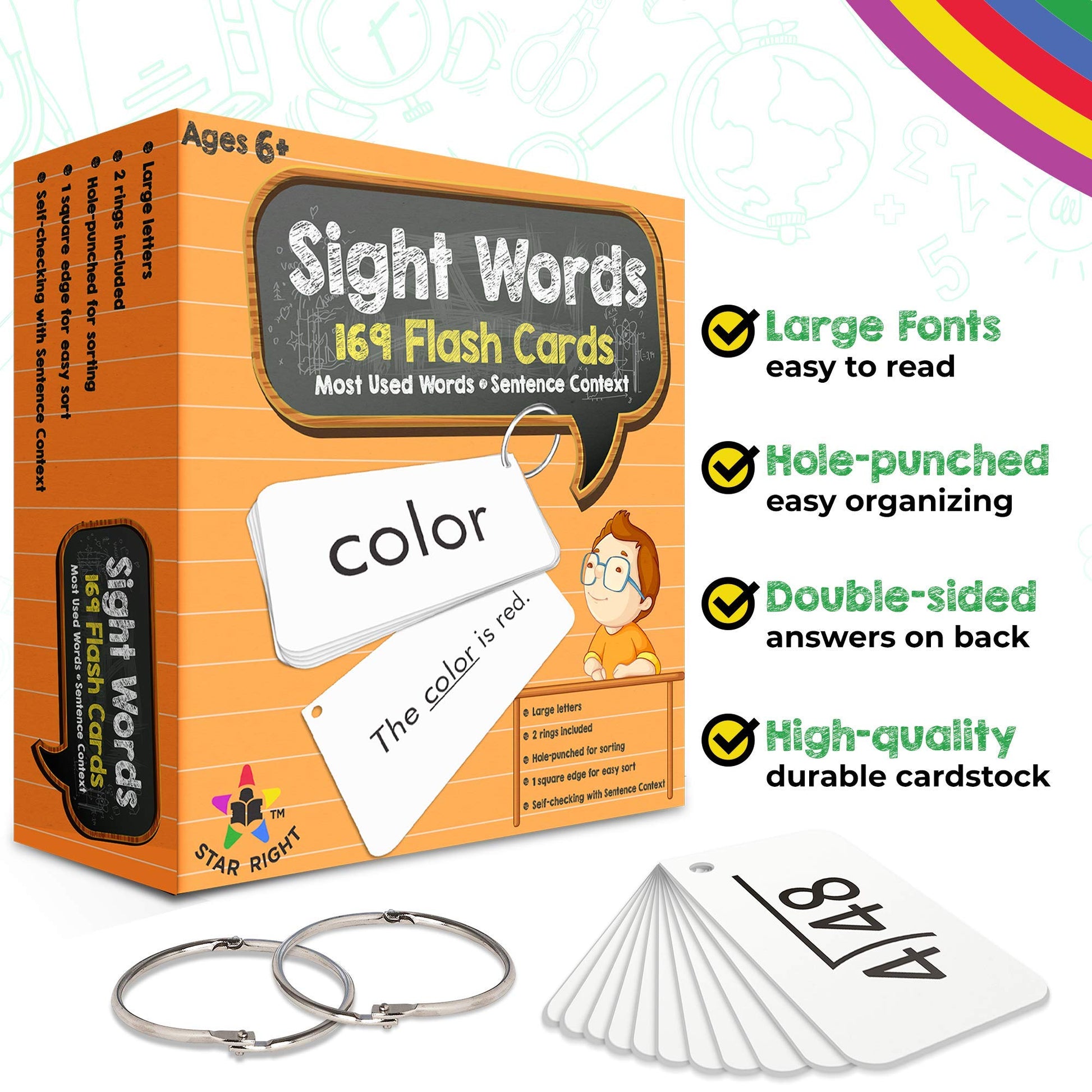 Star Right Education Sight Word Flash Cards, 169 Sight Words and Sentences with 2 Rings