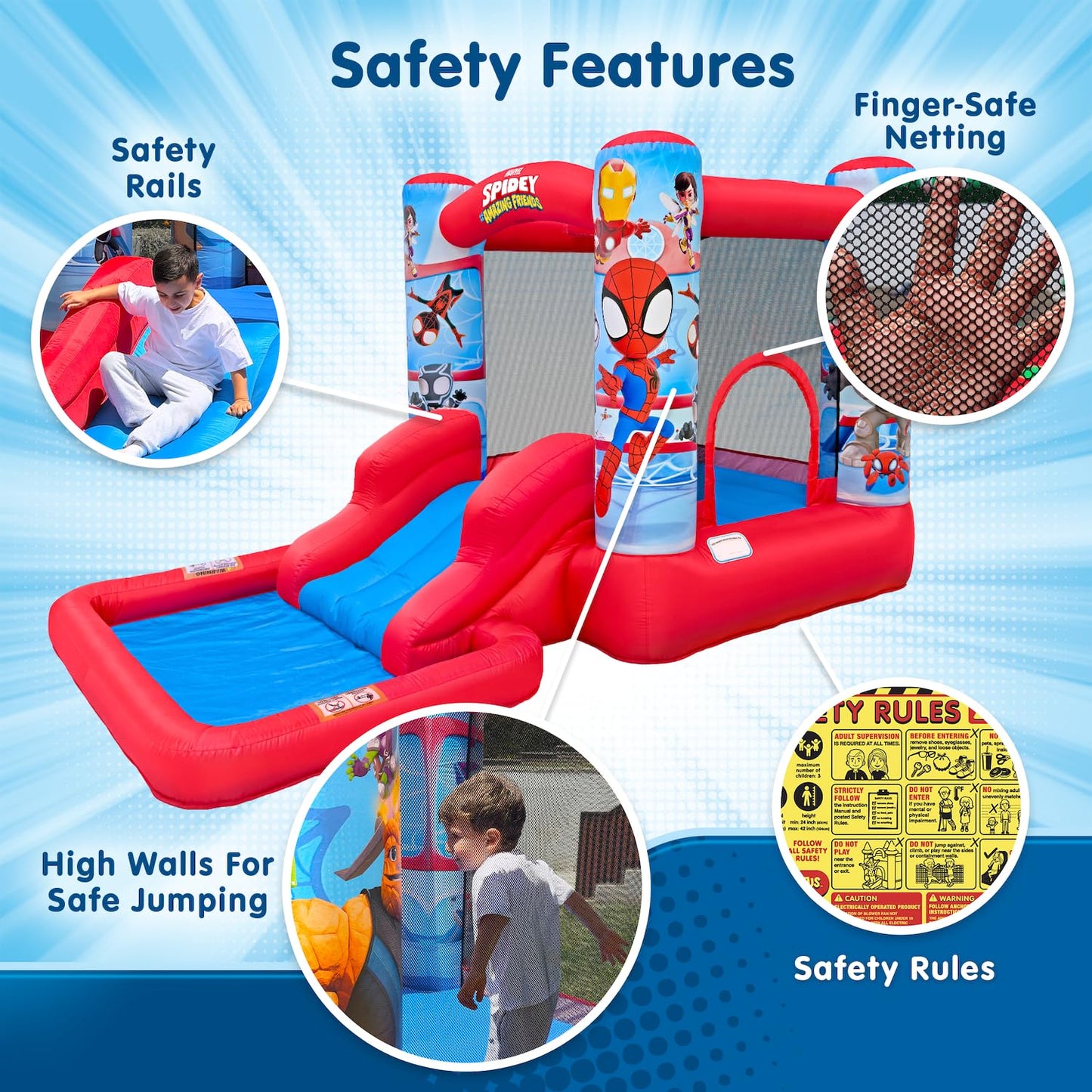 Funormous Spidey & Friends Bounce House Water Slide with Pool & Ball Pit, Inflatable Bouncer for Kids Ages 3-8 with Basketball Hoop, Water Misting