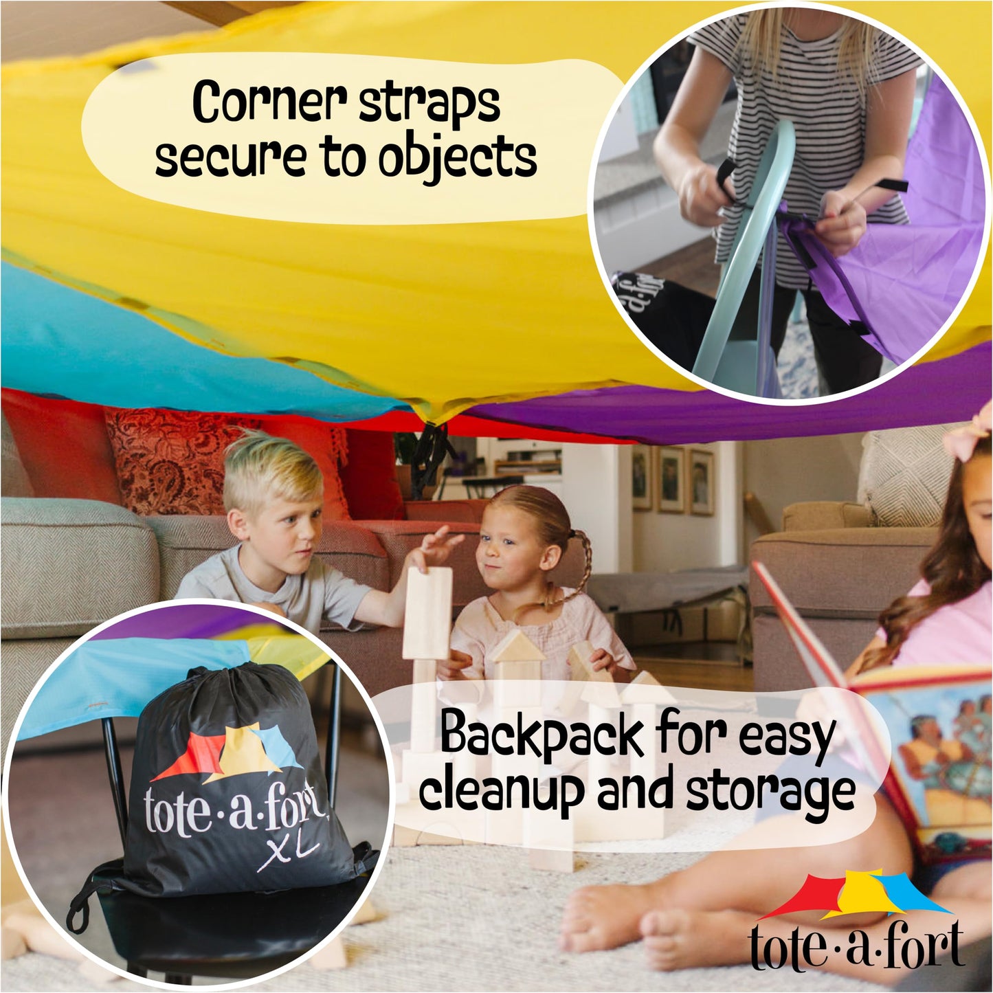Tote a Fort Original XL Blanket Fort Building Kit - Portable Playhouse Play Tent Fort - Indoor & Outdoor Toy Set for Ages 4-12+ - STEM Toy - 4 Blanket