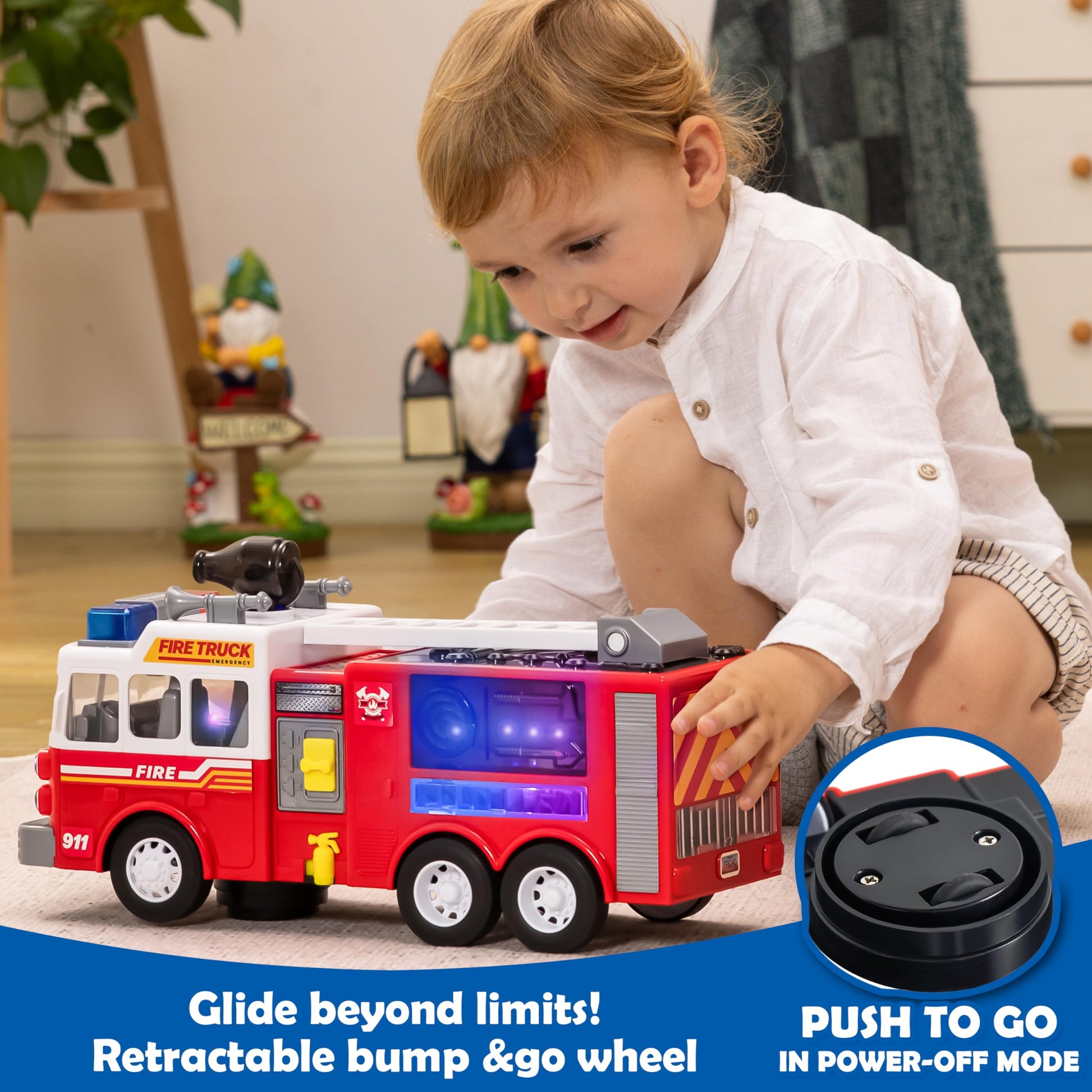 JOYIN LED Fire Truck Toy for Toddlers - LED Projections & Sirens, Bump and Go Fire Engine Trucks with Mode Switch & Volume Control, Kids Firetruck