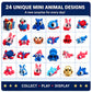24 Pack 3D Printed Animal Figurines Set, Mini Articulated Collectible Toys, Cute Desk Pets and Fidget Toys, Patriotic Holiday Gifts, Party Favors
