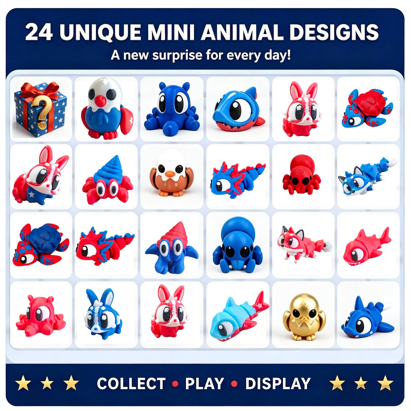 24 Pack 3D Printed Animal Figurines Set, Mini Articulated Collectible Toys, Cute Desk Pets and Fidget Toys, Patriotic Holiday Gifts, Party Favors