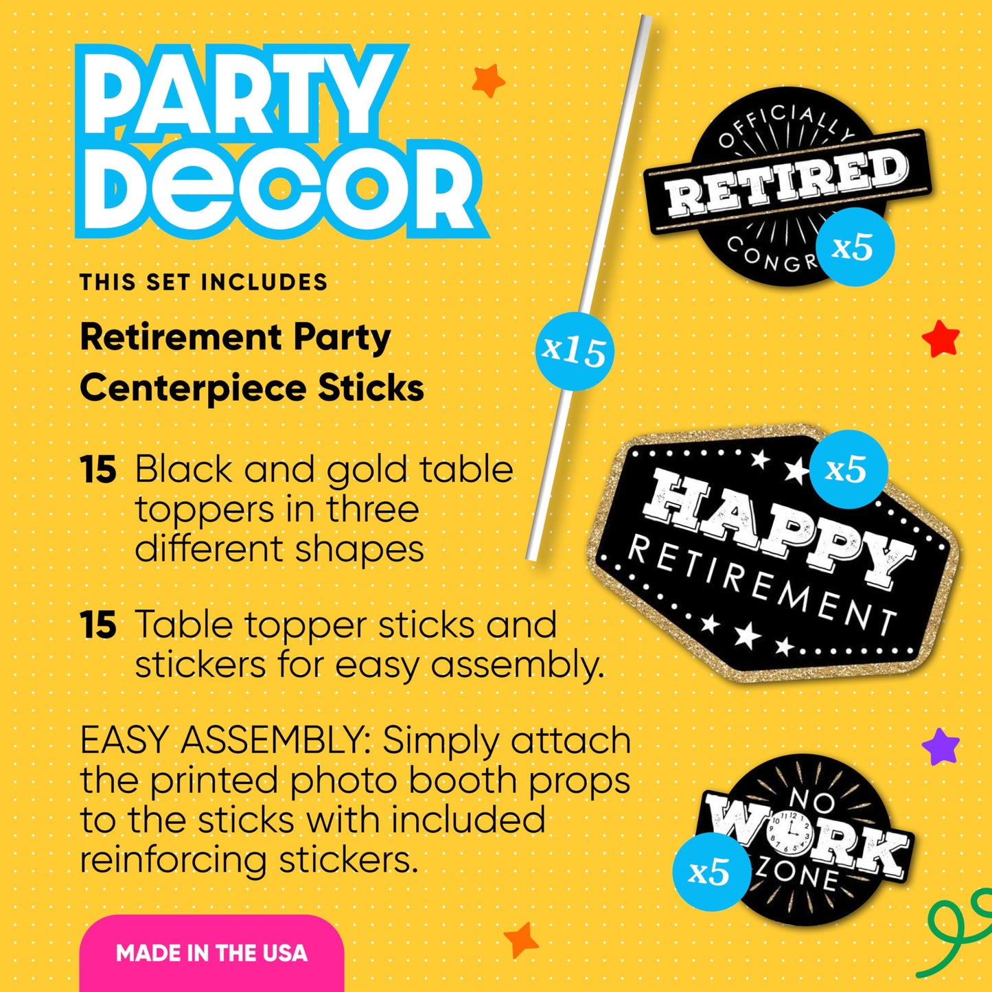 Big Dot of Happiness - Retirement Party Centerpiece Sticks, Happy Retirement | Table Toppers - Set of 15
