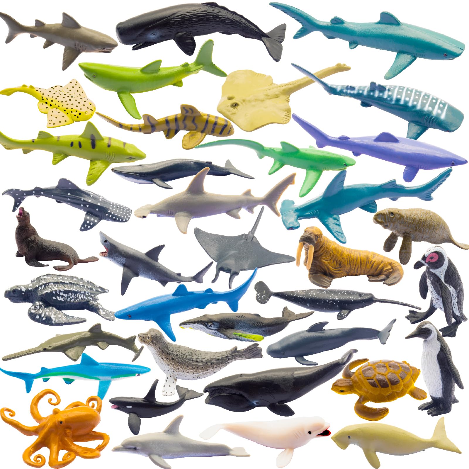 ZECHOCHOZE 37pcs Mini Ocean Animal Figurines Toys, Include Animals Like Realistic Sharks, Whales, Octopus, Turtles, Penguin, Suitable for Children's