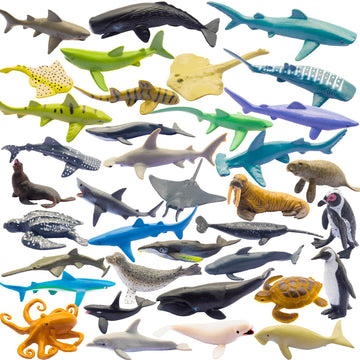 ZECHOCHOZE 37pcs Mini Ocean Animal Figurines Toys, Include Animals Like Realistic Sharks, Whales, Octopus, Turtles, Penguin, Suitable for Children's