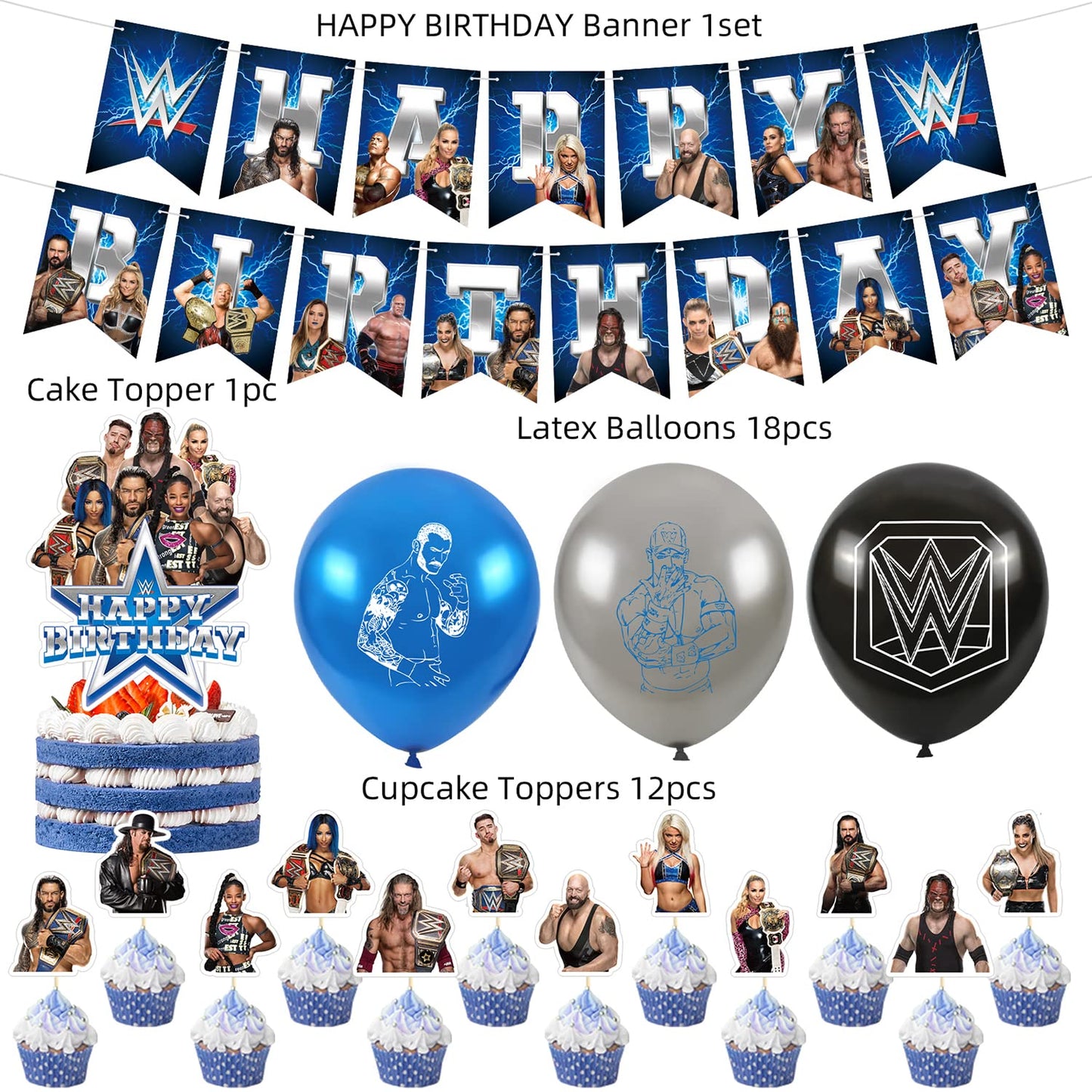 Wrestling Birthday Party Decorations Supply Set for Kids with Happy Birthday Banner, Cake Topper, Cupcake Toppers, Balloons for Party Decorations